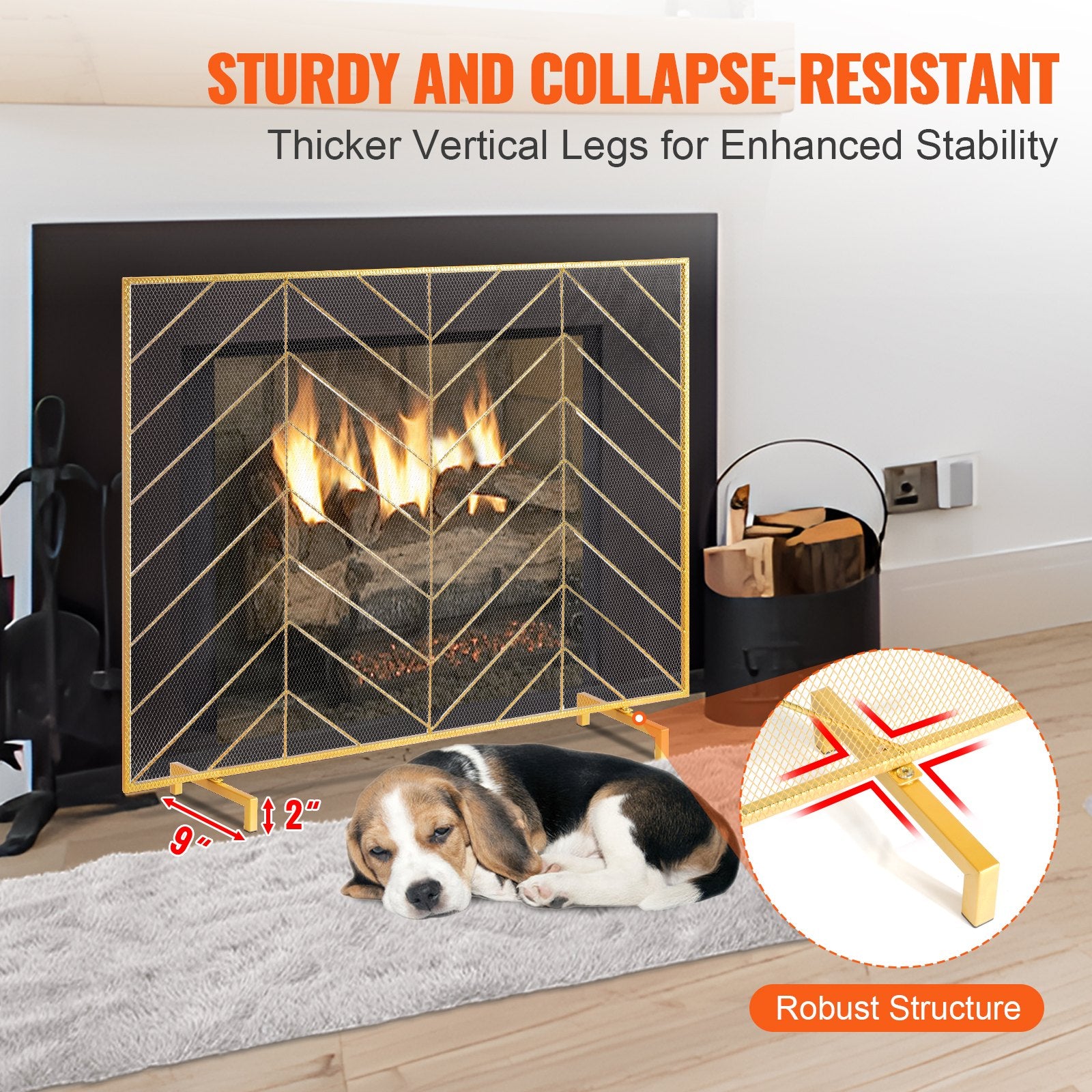 VEVOR 980x758MM Fireplace Screen 1-Panel Iron Mesh Spark Guard Modern Gold