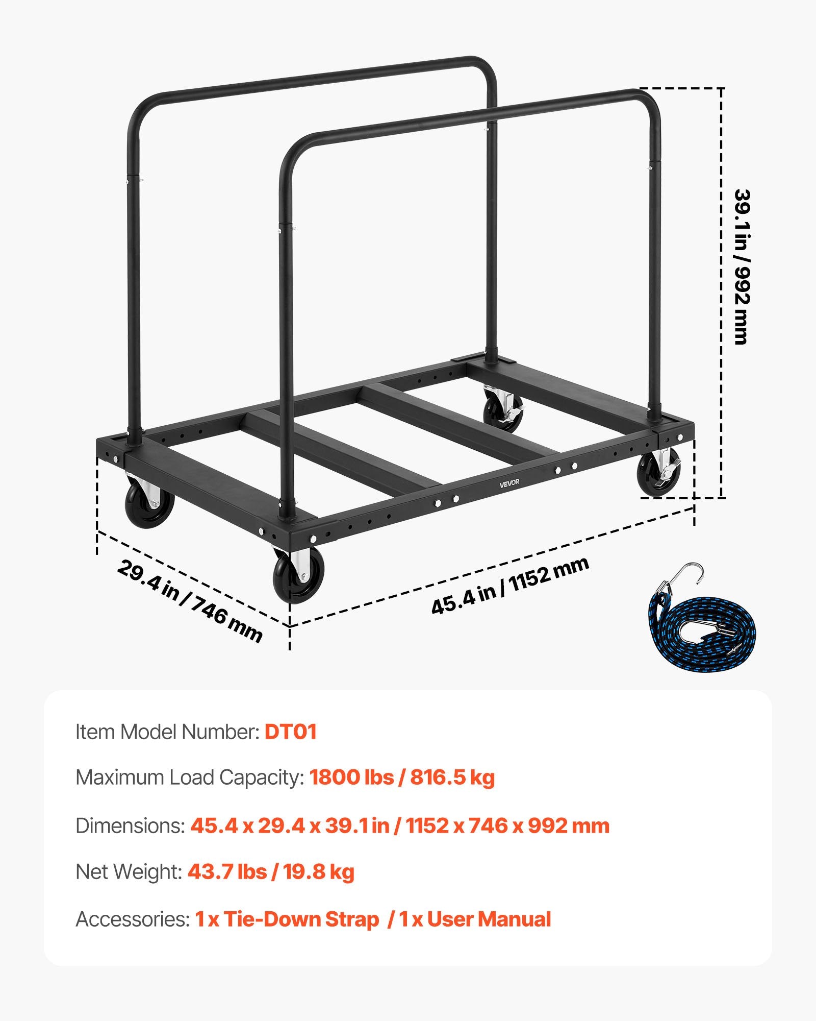 VEVOR Drywall Cart Dolly, 816 kg Load Capacity, Steel Panel Truck Cart with 12.5 mm Swivel Casters, Lumber Drywall Dolly with Tie-Down Strap & 2 Side Handrails for Factory, Warehouse, Garage, Black