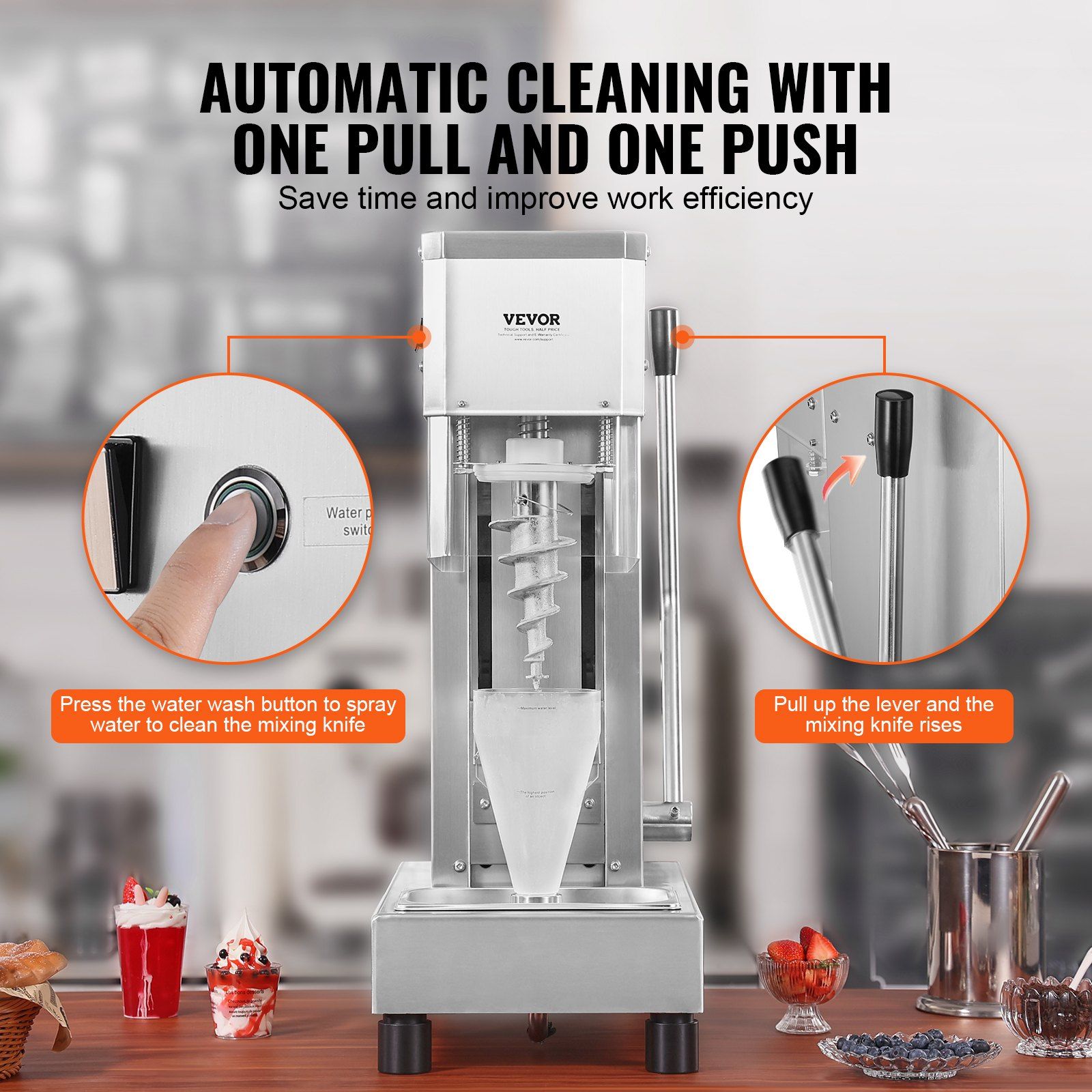 Ice Cream Blender, 750W High-Speed Ice Cream Maker Mixer Stir Machine 1740RPM, 304 Stainless Steel Ice Cream Shaker, Long Handle + PC Protective Shield, Customizable with any Flavor of Ice Cream