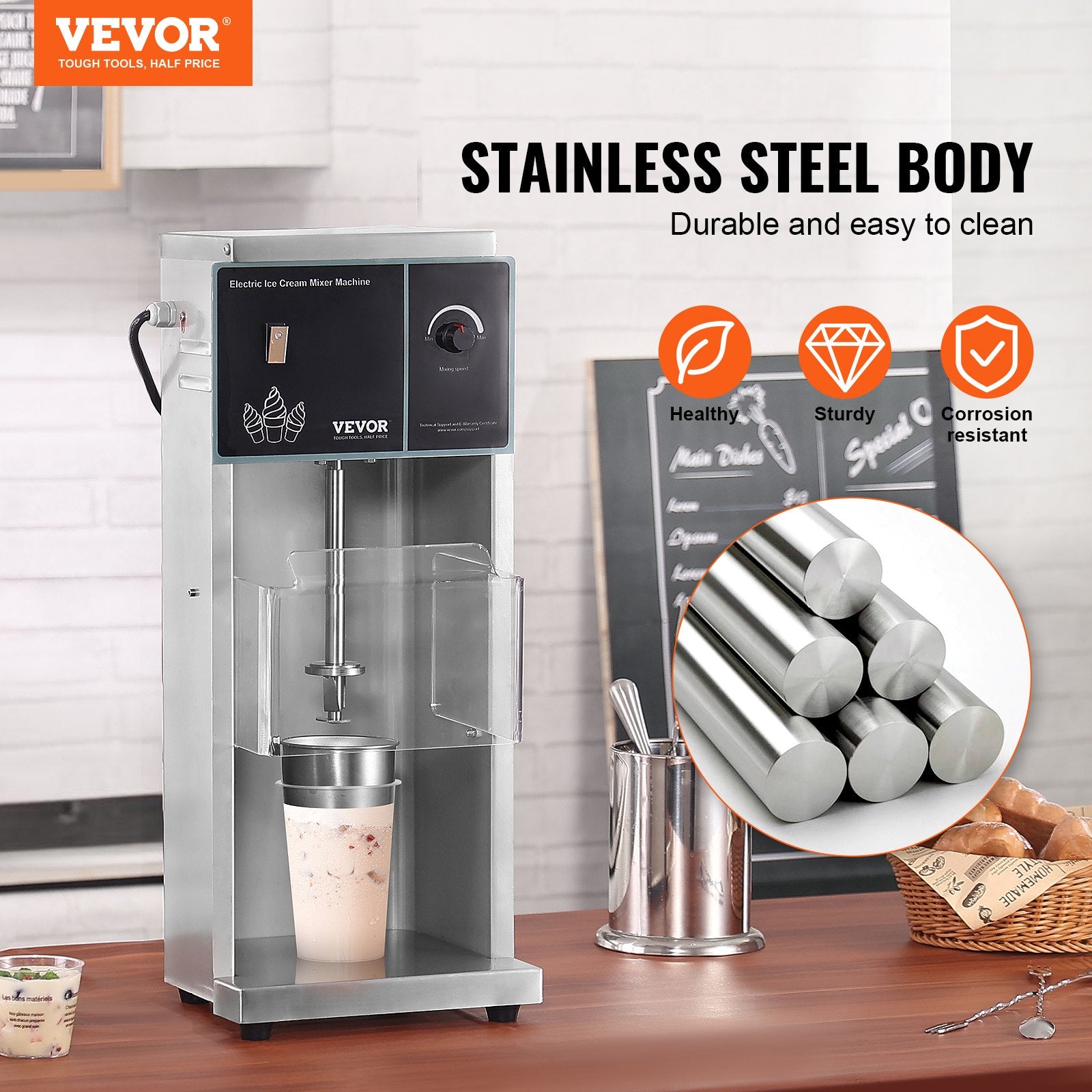 VEVOR Ice Cream Blender, 400W High-Speed Ice Cream Maker Mixer Stir Machine 4200RPM, Stepless Speed Adjustment, 304 Stainless Steel Ice Cream Shaker, 3 Hand Cups, Make Various Flavors of Ice Cream