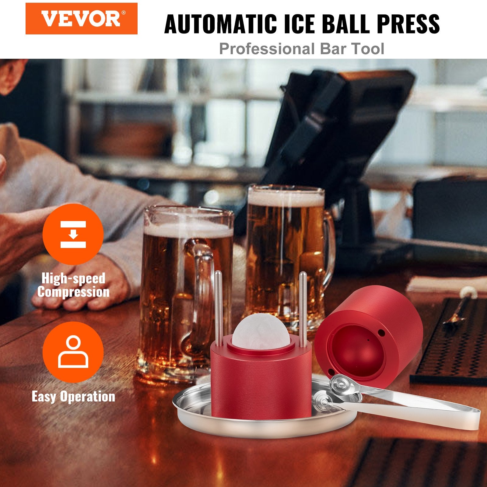 VEVOR Ice Ball Press, 6cm Ice Ball Maker, Aircraft Al Alloy Ice Ball Press Kit for 60mm Ice Sphere, Ice Press with Tong and Drip Tray, for Whiskey, Cocktail, Bourbon, Scot on Party & Holiday, Red