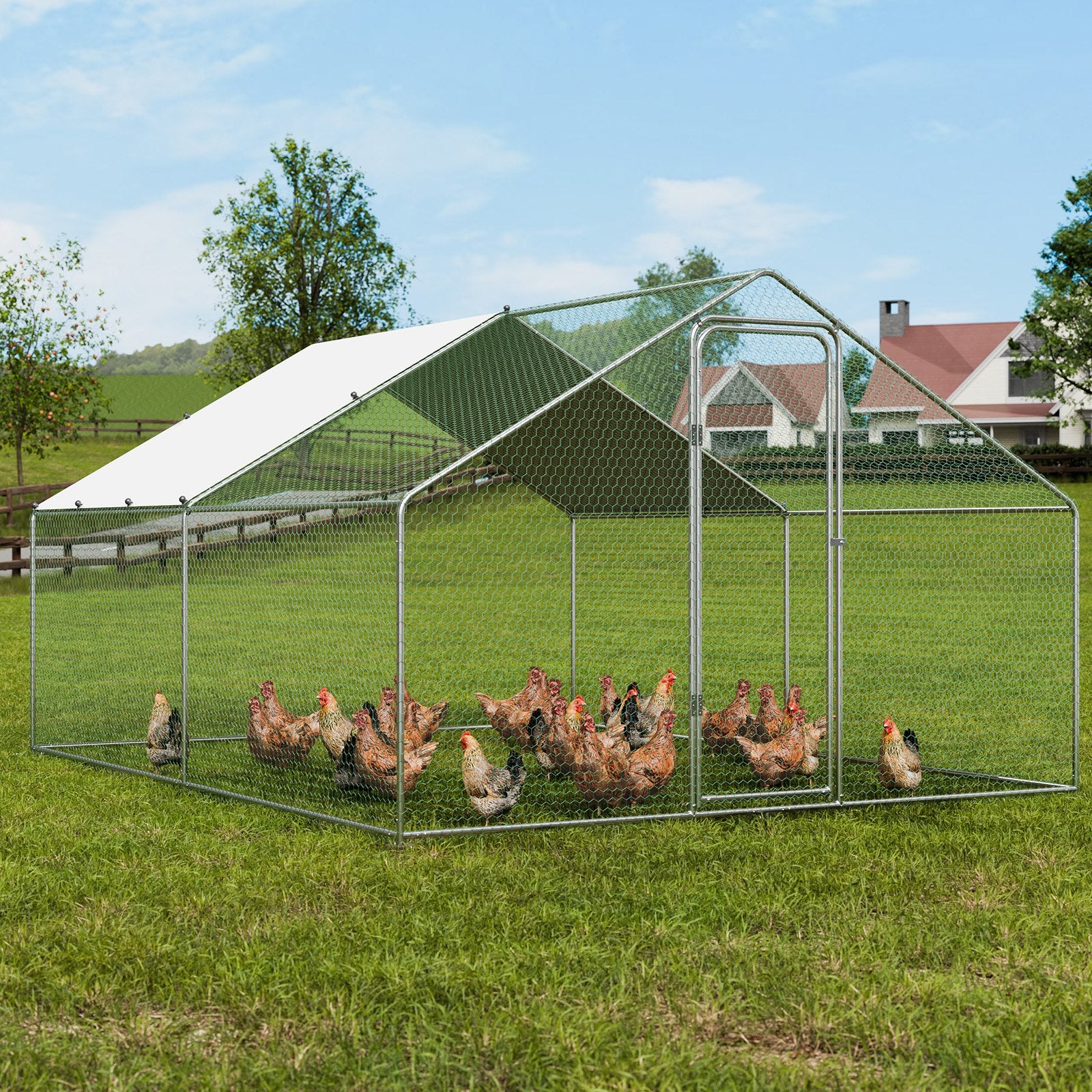 VEVOR Large Metal Chicken Coop, 3x3.93x1.99 m Walk-in Chicken Runs for Yard with Cover, Spire Roof Hen House with Security Lock for Outdoor and Backyard, Farm, Duck Rabbit Cage Poultry Pen
