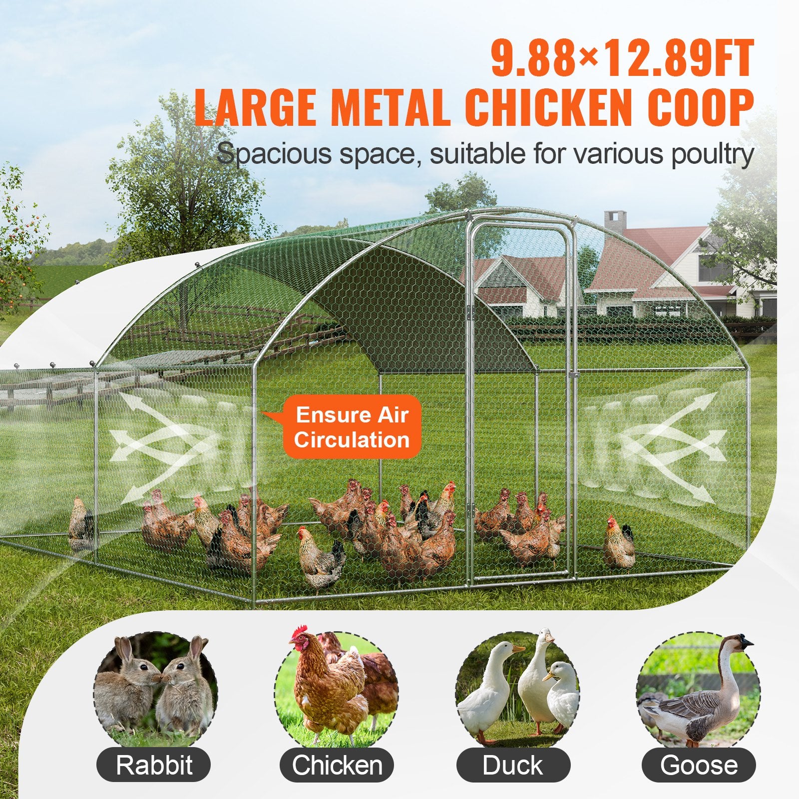 VEVOR Large Metal Chicken Coop, 9.8x12.9x6.5 ft Walk in Chicken Run for Yard with Waterproof Cover, Doom Roof Hen House with Security Lock for Outdoor and Backyard, Farm, Duck Rabbit Cage Poultry Pen