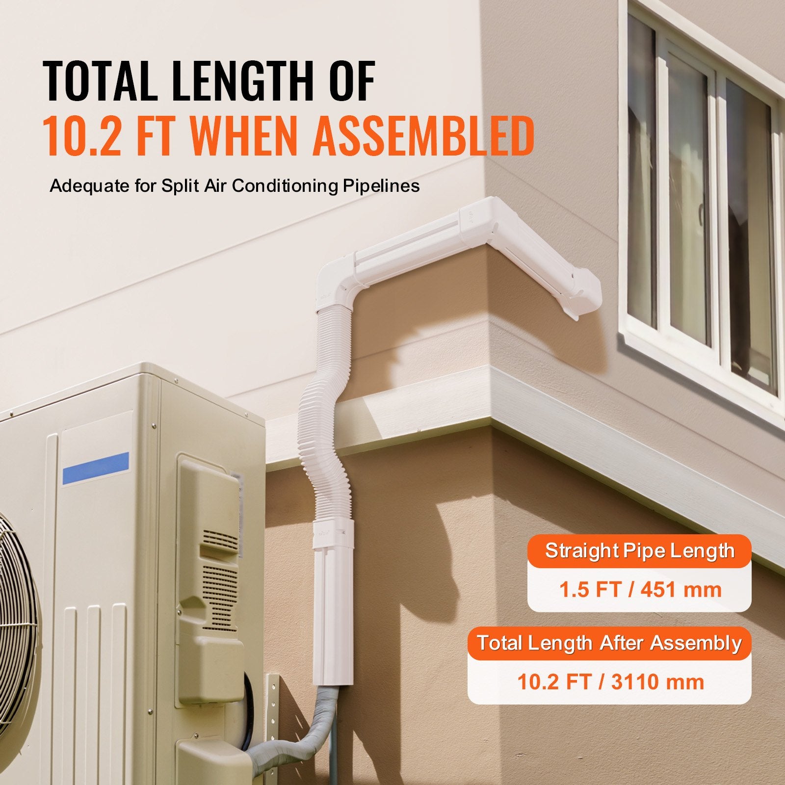 VEVOR Mini Split Line Set Cover 76.2mm W 3110mm L, PVC Decorative Pipe Line Cover For Air Conditioner with 5 Straight Ducts & Full Components Easy to Install, Paintable for Heat Pumps, White