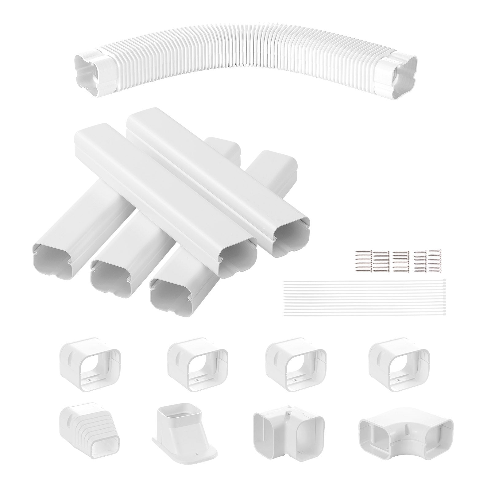 VEVOR Mini Split Line Set Cover 76.2mm W 3110mm L, PVC Decorative Pipe Line Cover For Air Conditioner with 5 Straight Ducts & Full Components Easy to Install, Paintable for Heat Pumps, White
