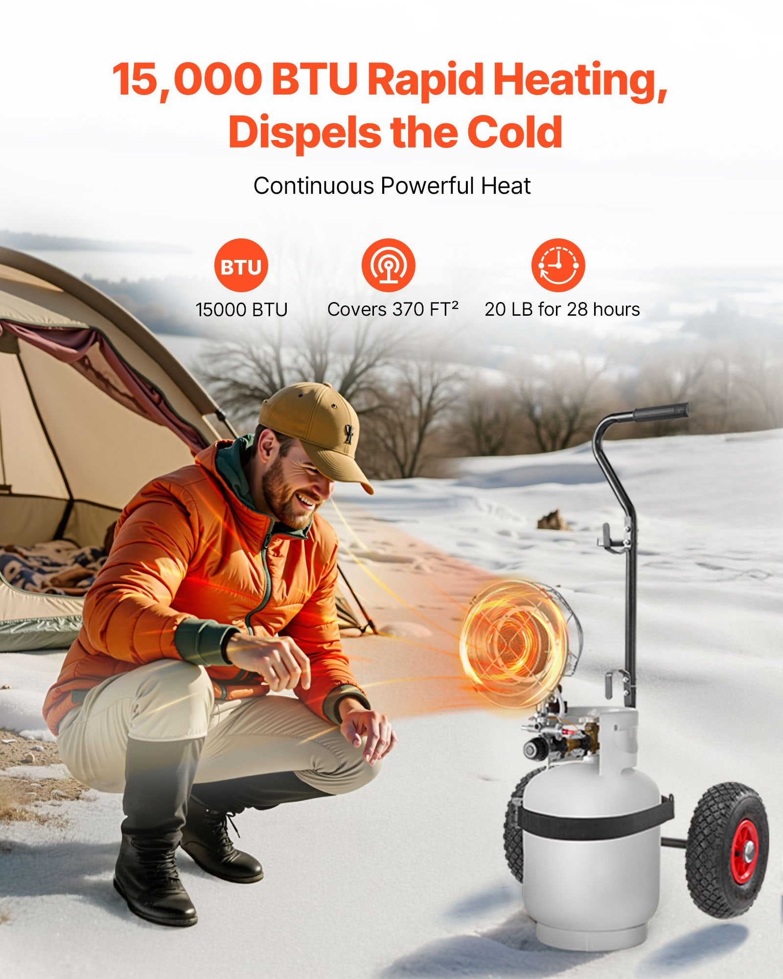 VEVOR Propane Tank Top Heater with Portable Trolley, 15000 BTU Rapid Heating 180-Degree Infrared Radiant Tank Top Gas Heater for 9-18kg Propane Tanks, for Ice Fishing/ Hunting/Outdoor Single Burner
