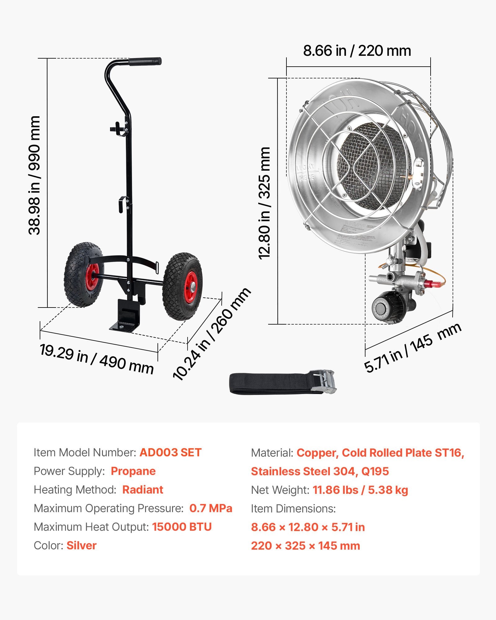 VEVOR Propane Tank Top Heater with Portable Trolley, 15000 BTU Rapid Heating 180-Degree Infrared Radiant Tank Top Gas Heater for 9-18kg Propane Tanks, for Ice Fishing/ Hunting/Outdoor Single Burner