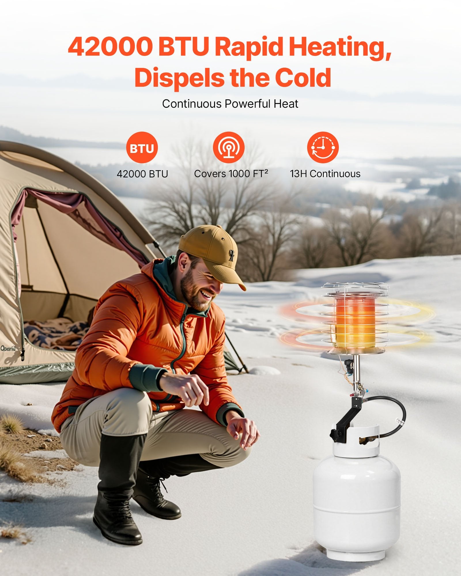 VEVOR Propane Tank Top Heater, 42000 BTU Rapid Heating 360-Degree Infrared Radiant Tank Top Gas Heater, Stepless Temperature Adjustment for Ice Fishing/ Hunting/Outdoor Work, Single Burner