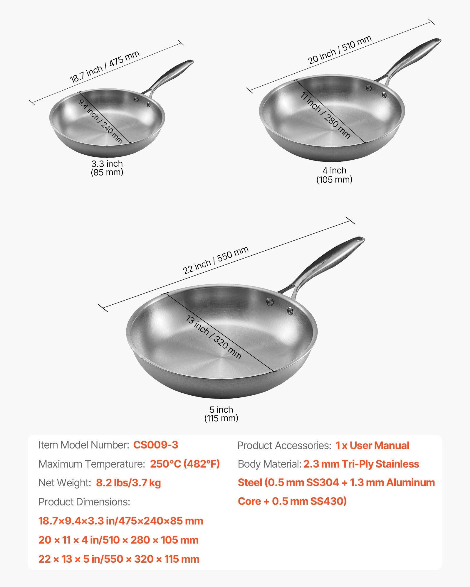 VEVOR Tri-Ply Stainless Steel Frying Pan, 3 Piece (240, 280, 320 mm), Cooking Skillet with Heat-Resistant Handle, Chef's Kitchen Cookware, Oven, Gas, Electric, Induction, Dishwasher Compatible, Silver