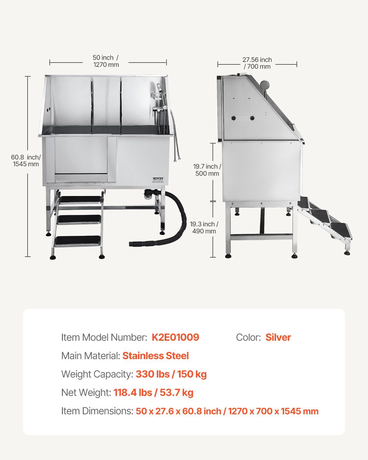 Stainless Steel Dog Washing Station, 127 cm Pet Grooming Tub w/ Stairs, PE Water Filter Board, Faucet & Showerhead & Soap Holder Dog Bathtub for Large & Medium & Small Pets (Left Door)