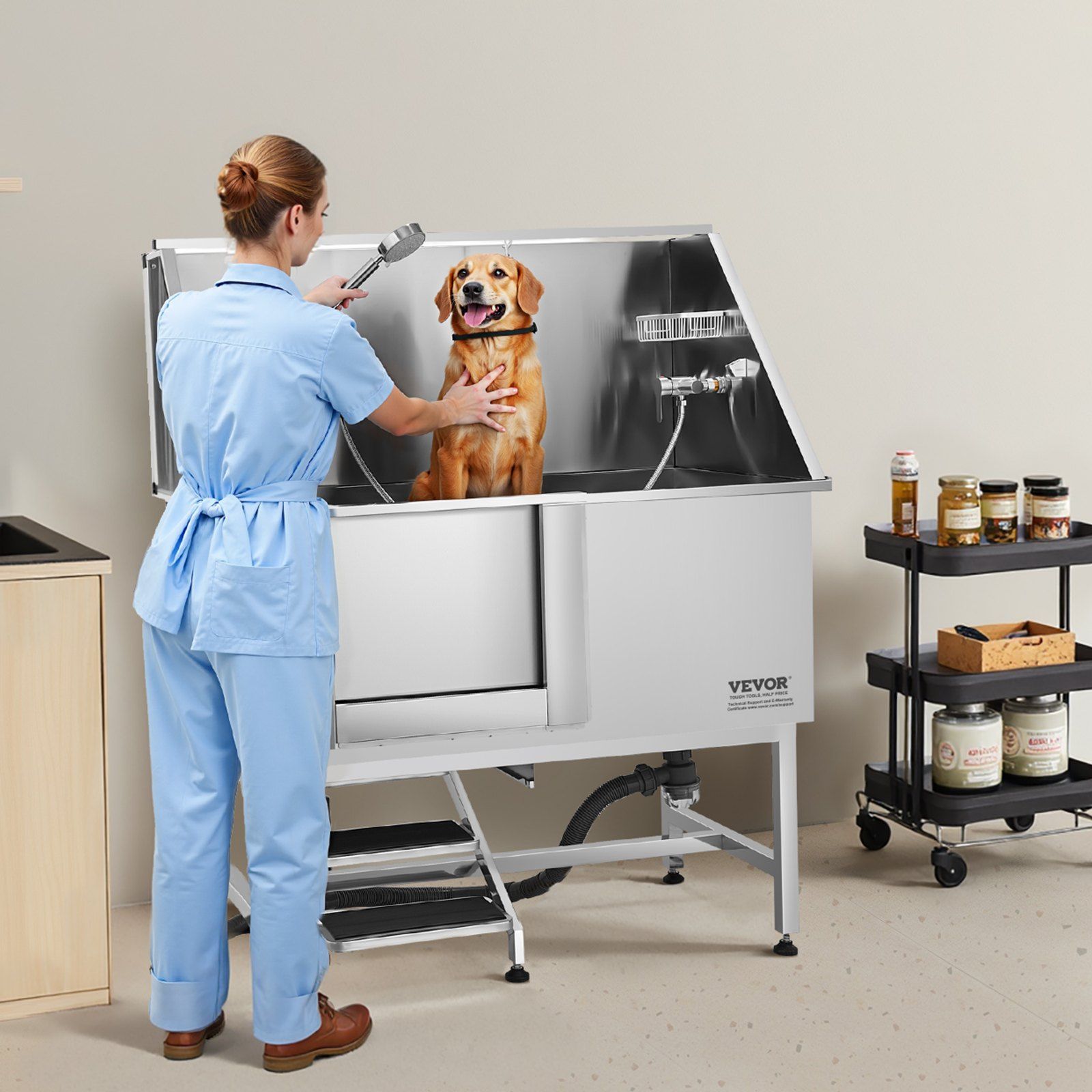Stainless Steel Dog Washing Station, 127 cm Pet Grooming Tub w/ Stairs, PE Water Filter Board, Faucet & Showerhead & Soap Holder Dog Bathtub for Large & Medium & Small Pets (Left Door)