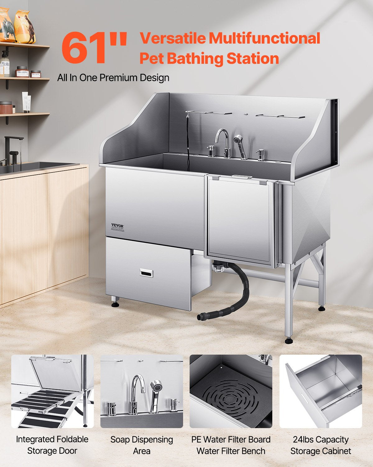 VEVOR 155 cm Dog Grooming Bath Tub Stainless Steel w Ramp Water Filter