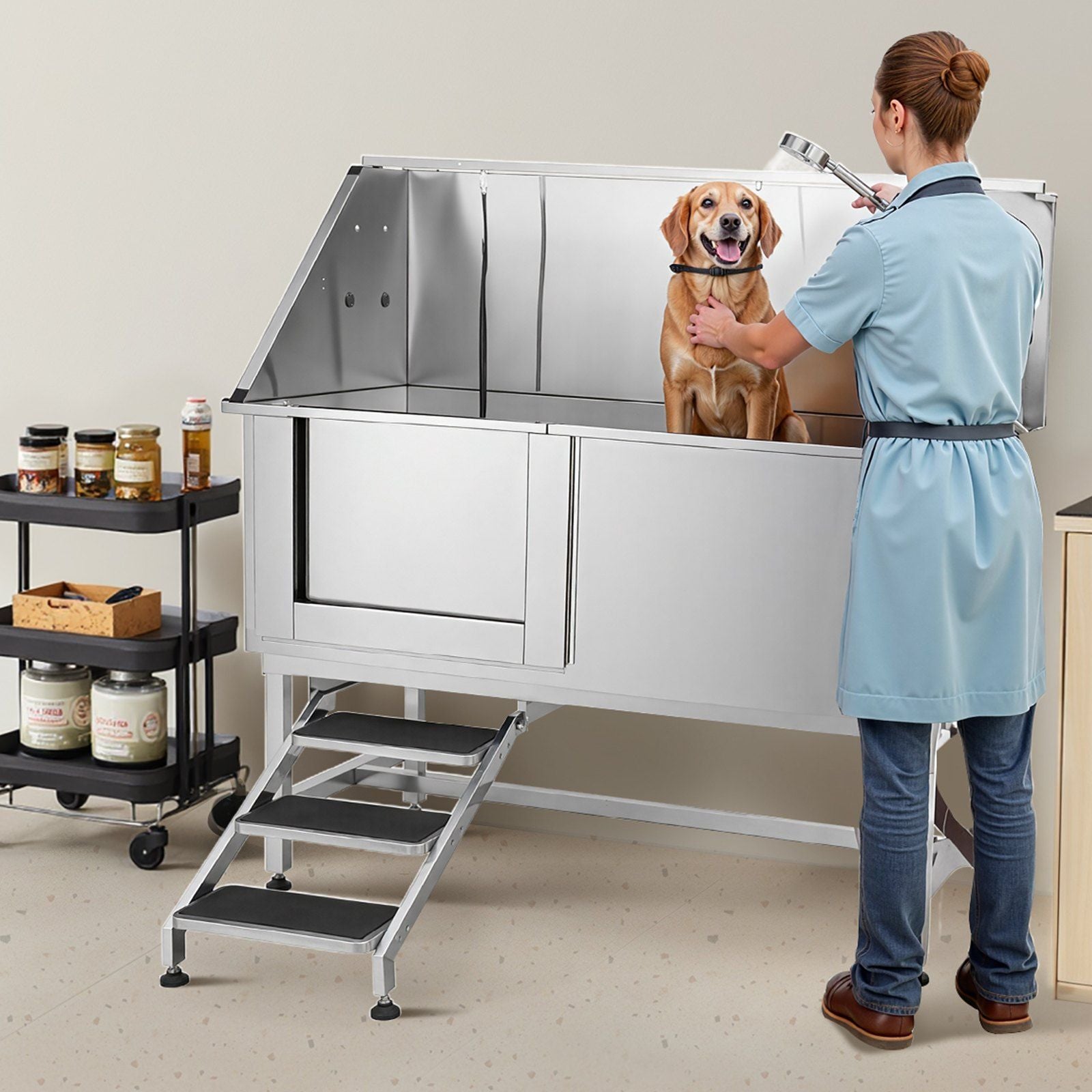Stainless Steel Dog Washing Station, 157.48 cm Pet Grooming Tub w/ Stairs, PE Water Filter Board, Faucet & Showerhead & Soap Holder Dog Bathtub for Large & Medium & Small Pets (Left Door)