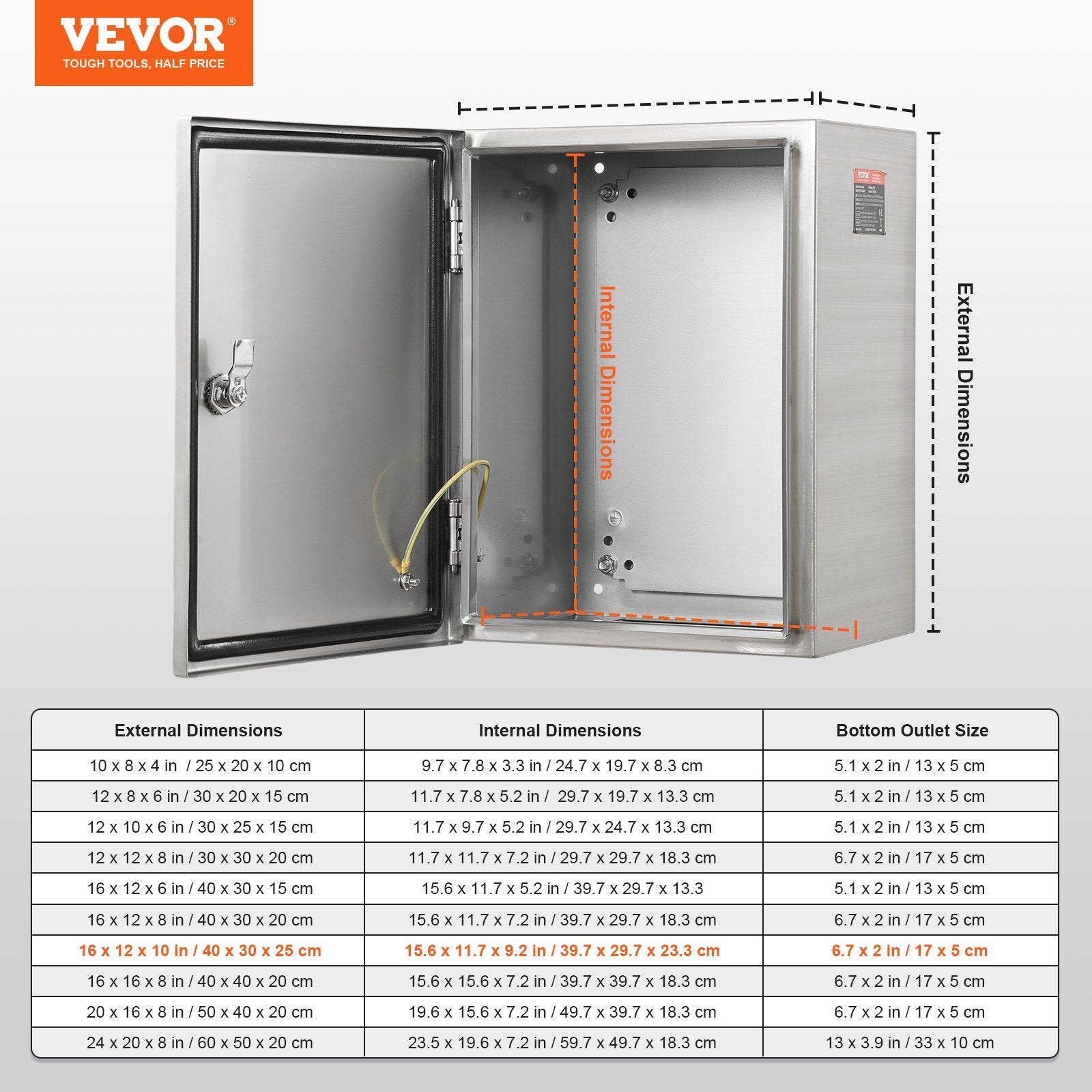 VEVOR Steel Electrical Box, 40x30x25 cm, 304 Stainless Steel Electrical Enclosure Box, Wall-Mounted Outdoor Electrical Electronic Equipment Enclosure with Mounting Plate Hinges Lock, IP66 Waterproof