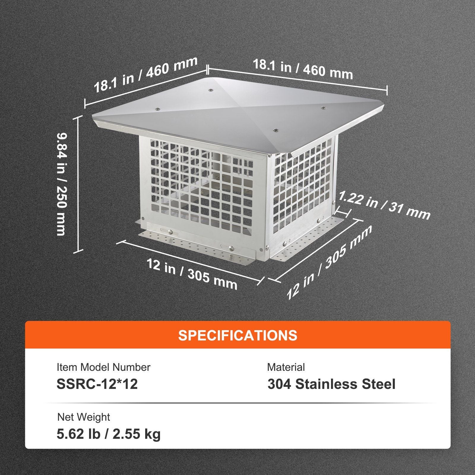 Chimney Cap 304.8 x 304.8mm, 304 Stainless Steel Fireplace Chimney Cover, Not Easily Toppled & Practical Accessories & Easy Installation, Fits Mesh Flue Covers Outside Clay Flue Shingles, Silver