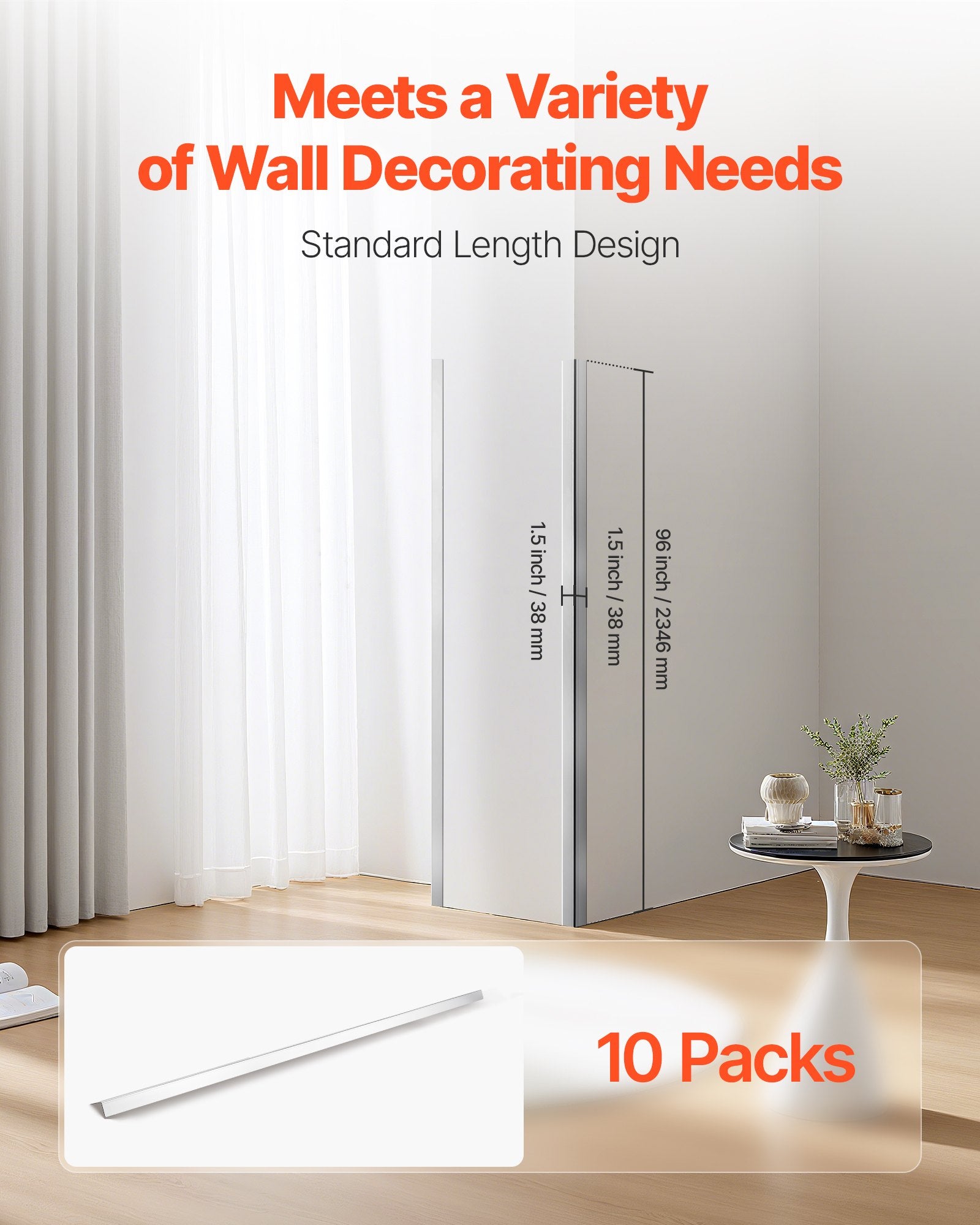 VEVOR Stainless Steel Wall Corner Protector, 38 x 38 x 2436 mm, 10 Pack Metal Corner Guards, 304 Stainless Steel Edge Trim 90-Degree Angle for Home,Office,Commercial Wall Protection, with 3m Tape