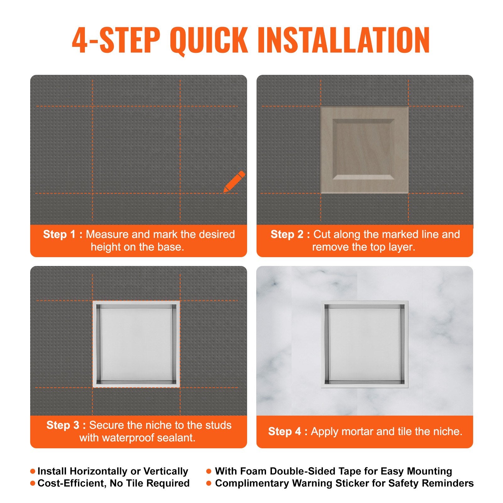 VEVOR 33.02 x 33.02 cm No Tile Shower Niche 304 Stainless Steel, Wall-Inserted Niche Recessed Double Shelves, Sealed Waterproof Rust-Resistant Modern Niche for Shower Bathroom Soap Storage, Silver