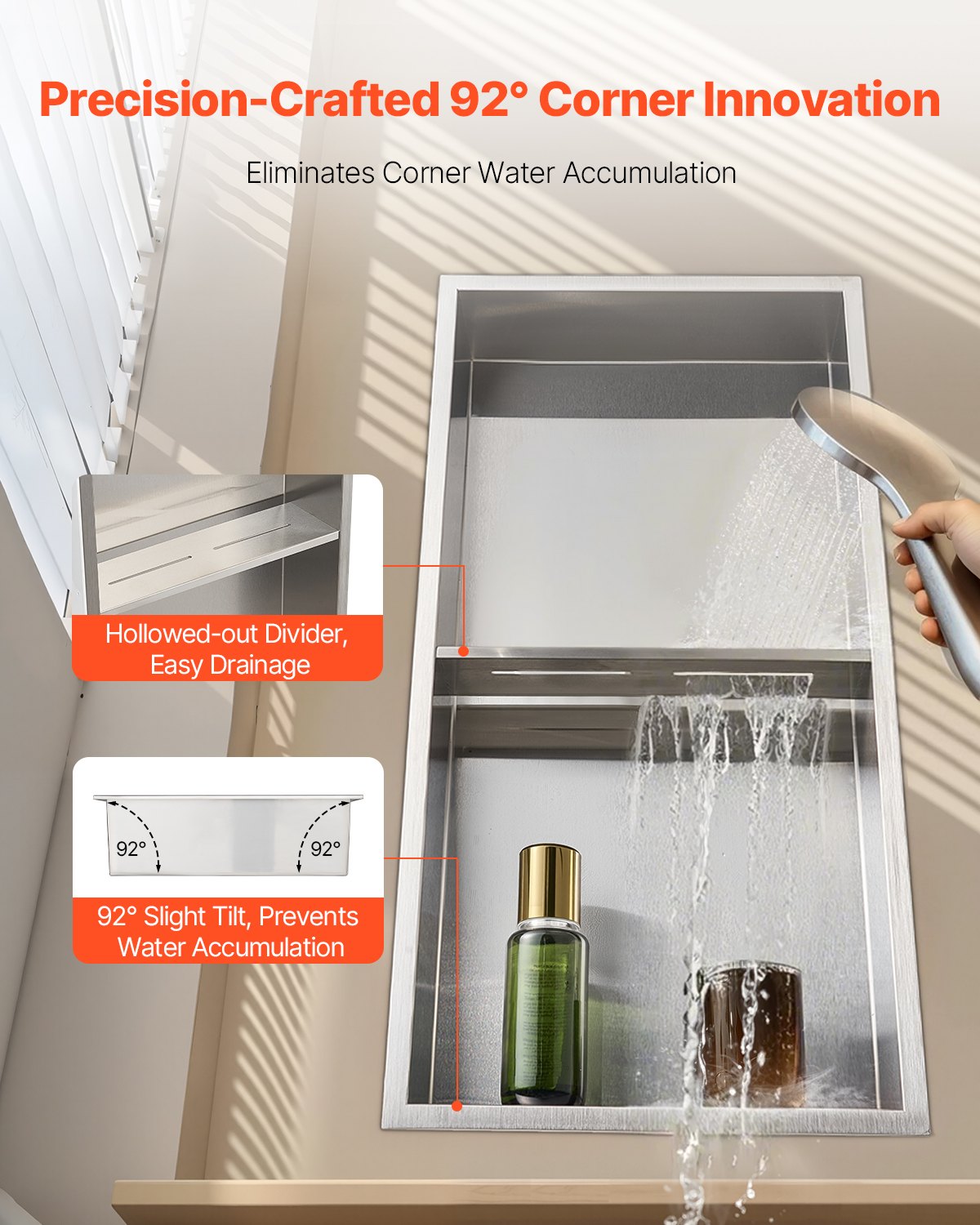 VEVOR Shower Niche, 33.0 x 63.5 x 10.2 cm Recessed Wall Niche Double-layer, with Hollowed-out Divider, Heavy-duty Stainless Steel Modern Shampoo Storage Organizer, Waterproof, Silver for Bathroom