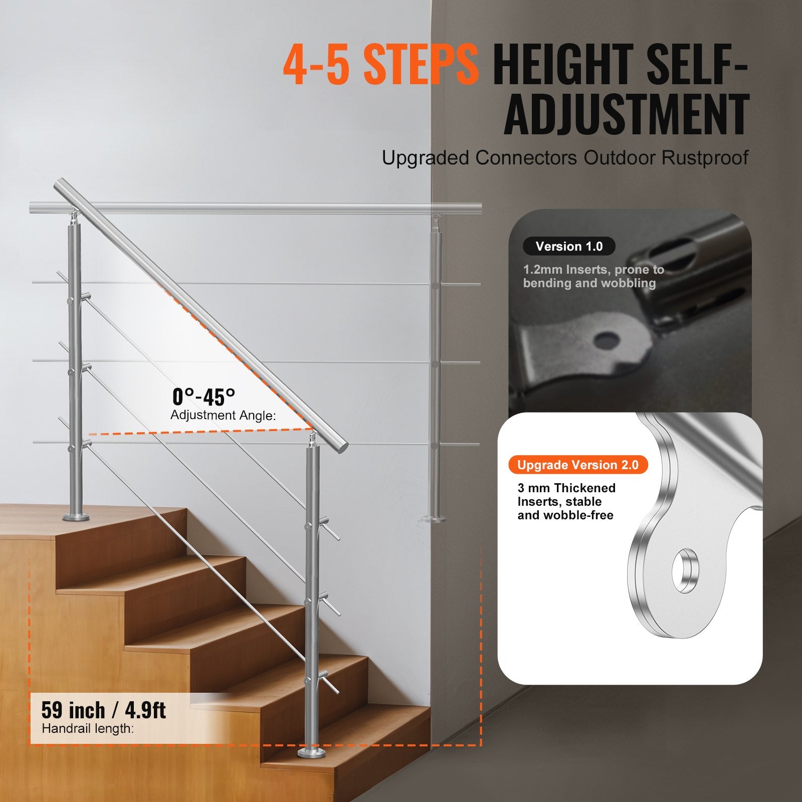 VEVOR Handrails for Outdoor Steps, 59 in Length 3 Crossbars Stair Hand Rail Kit, Transitional Stainless Steel Railings w/ Installation Kit, Double-column Staircase Handrails for Seniors,Porch & Deck