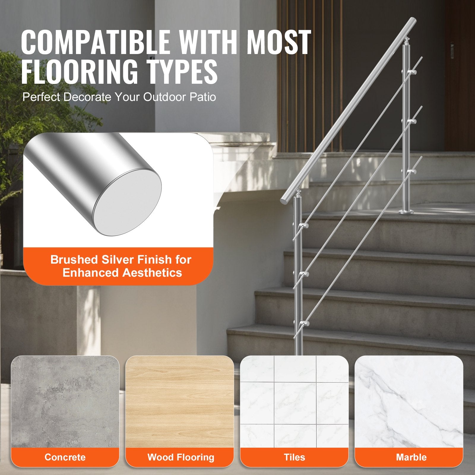 VEVOR Handrails for Outdoor Steps, 59 in Length 3 Crossbars Stair Hand Rail Kit, Transitional Stainless Steel Railings w/ Installation Kit, Double-column Staircase Handrails for Seniors,Porch & Deck
