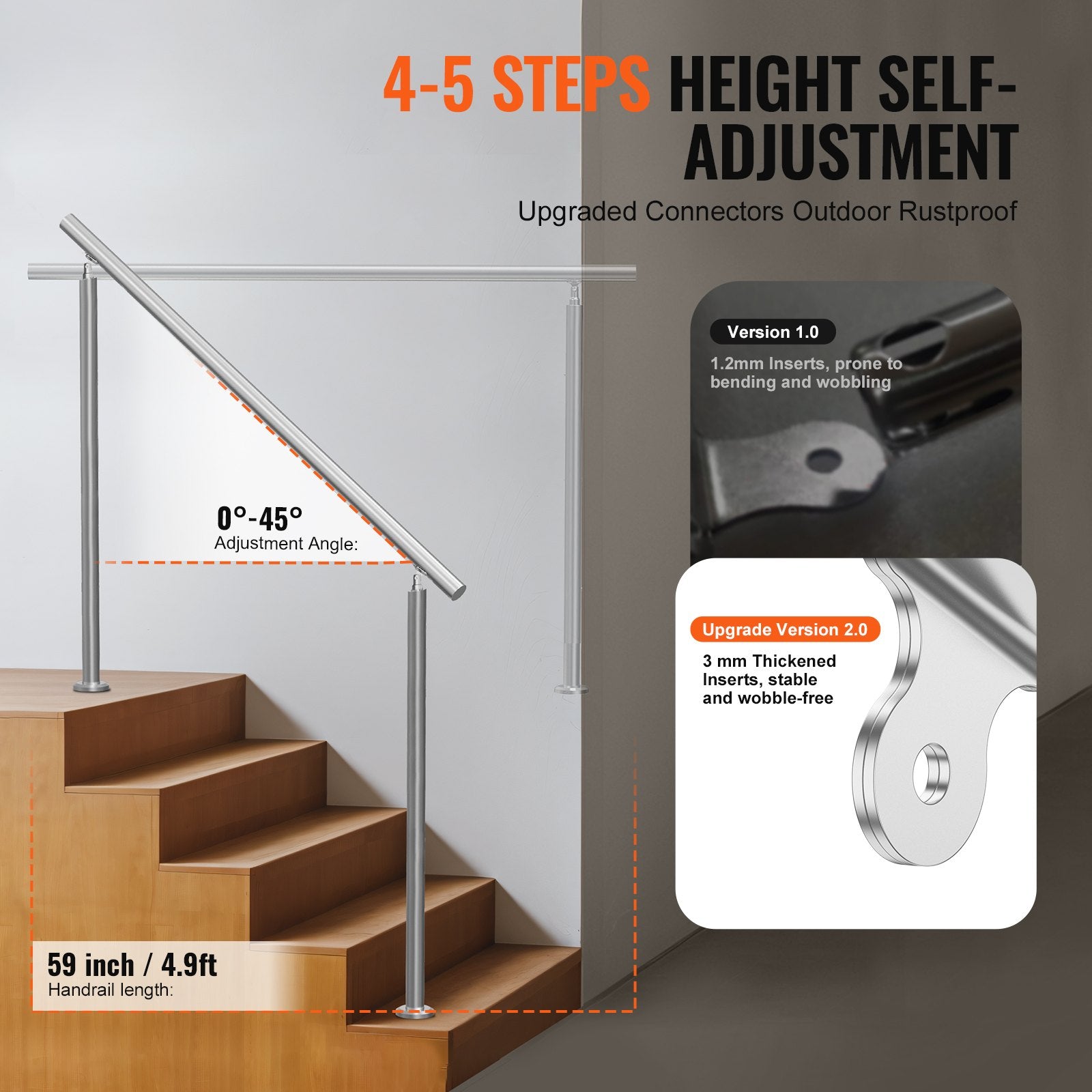 VEVOR Handrails for Outdoor Steps, 59 in/ 150cm Length Stair Hand Rail Kit, Transitional Stainless Steel Railings with Installation Kit, Double-column Staircase Handrails for Seniors,Porch & Deck