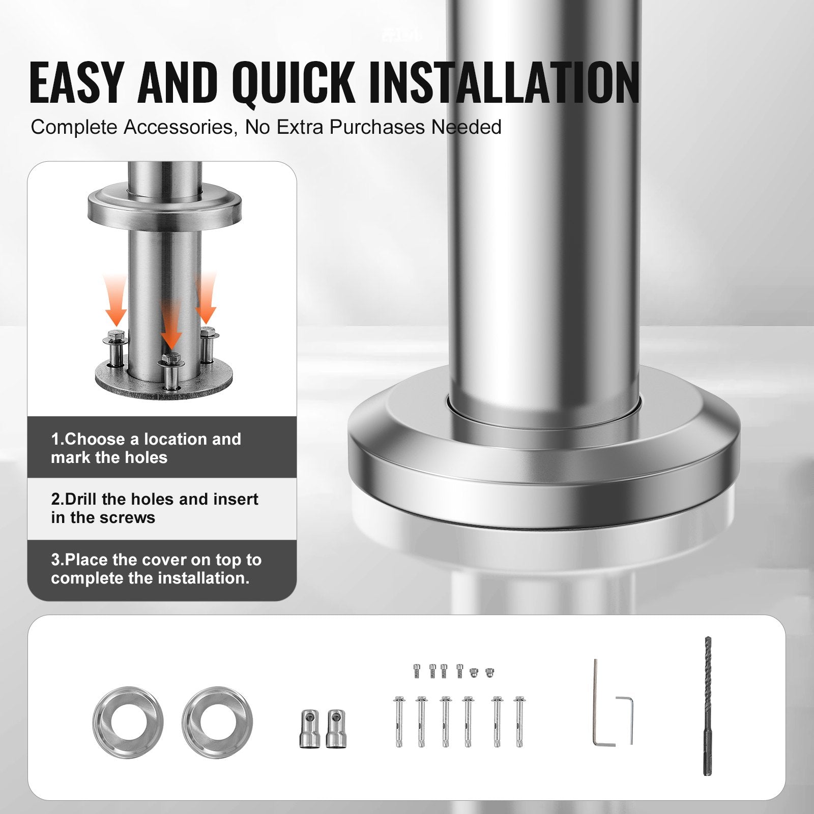 VEVOR Handrails for Outdoor Steps, 70.9 in/ 180cm Length Stair Hand Rail Kit, Transitional Stainless Steel Railings with Installation Kit, Double-column Staircase Handrails for Seniors,Porch & Deck