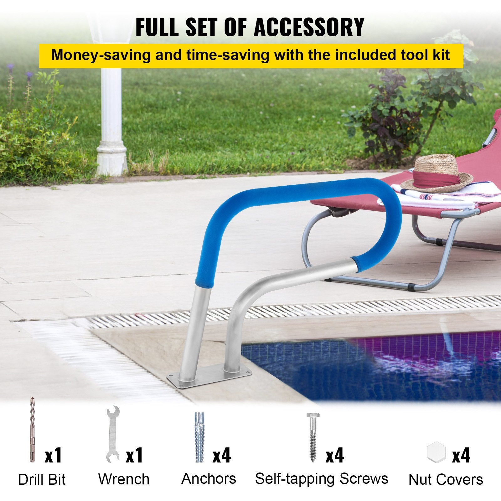 VEVOR Pool Rail 30x22 Pool Railing 304 Stainless Steel 250LBS Load Capacity Silver Rustproof Pool Handrail Humanized Swimming Pool Handrail with Blue Grip Cover & M8 Drill Bit & Self-Taping Screws