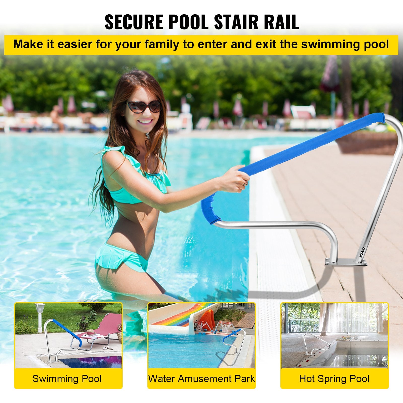 VEVOR Pool Rail 48x36 Pool Railing 304 Stainless Steel 250LBS Load Capacity Silver Rustproof Pool Handrail Humanized Swimming Pool Handrail with Blue Grip Cover & M8 Drill Bit & Self-Taping Screws
