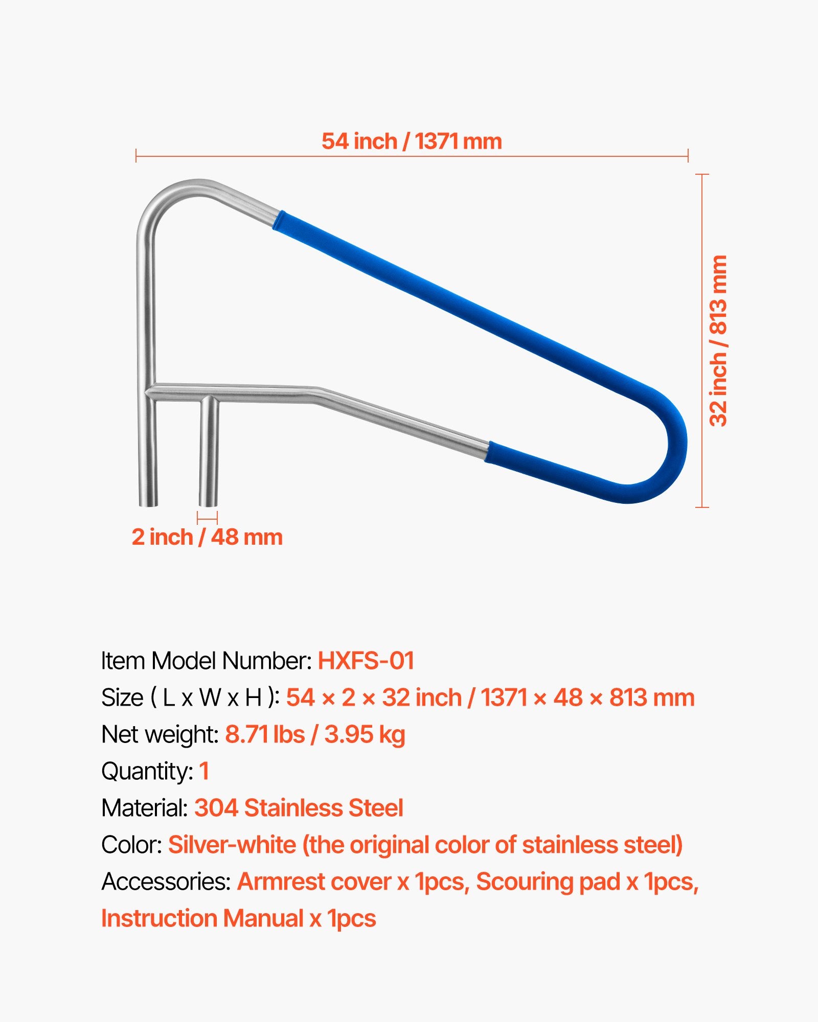 VEVOR Pool Rail, 137.1 x 81.3 cm Pool Handrail, 100kg Load Capacity Heavy Duty 304 Stainless Steel Swimming Handrail, Detachable Nonslip Sleeve, Recessed or Base Mount, for Poolside, Water Parks