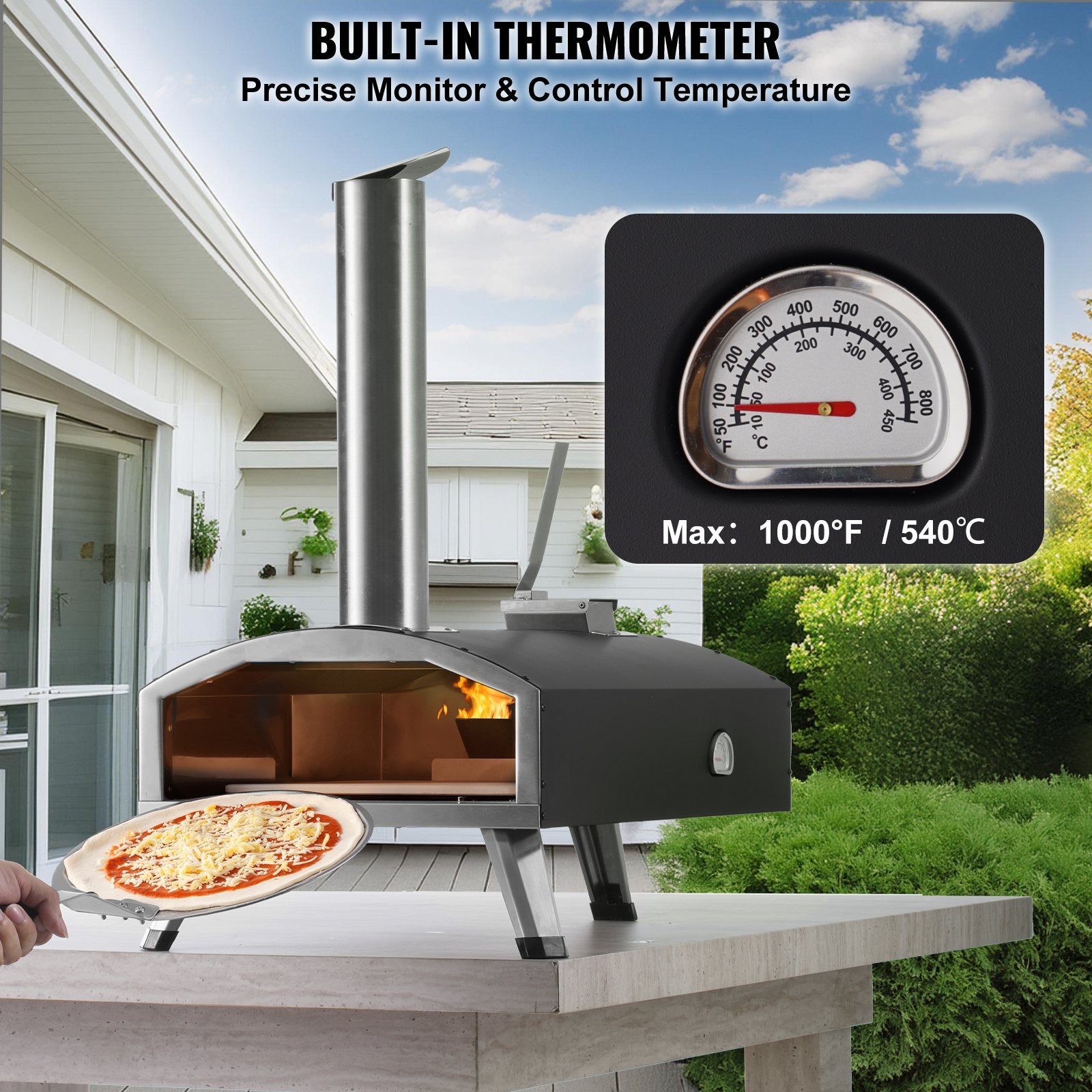 VEVOR Outdoor Pizza Oven, 12" Wood Fired Pizza Ovens, Pellet Pizza Stove with Thermometer, Portable Pizza Maker for Outside Backyard Patio Camping, Pizza Stone, Carry Bag, Shovel, Black