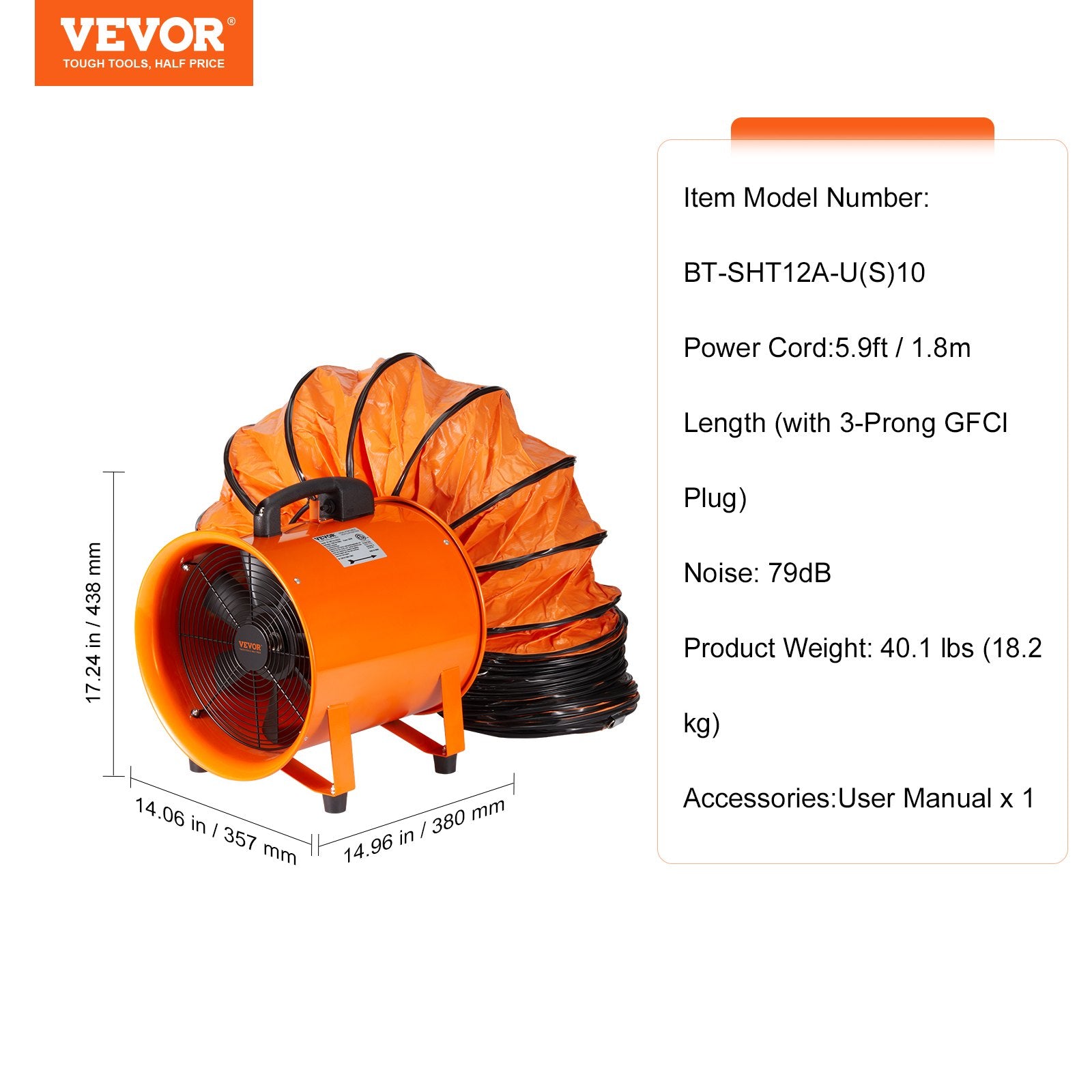 VEVOR Portable Ventilator, 304.8mm/12inch Heavy Duty Cylinder Fan with 10m Duct Hose, 367W Strong Shop Exhaust Blower 2574CFM, Industrial Utility Blower for Sucking Dust, Smoke, Smoke Home/Workplace