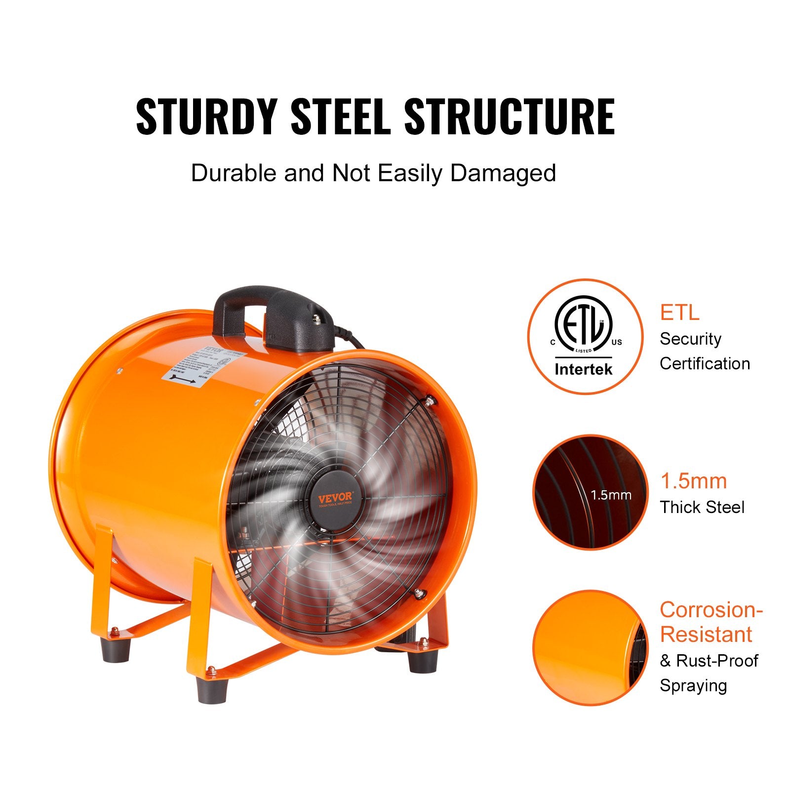 VEVOR Portable Ventilator, 254mm/10inch Heavy Duty Cylinder Fan with 5m Duct Hose, 255W Strong Shop Exhaust Blower 1720CFM, Industrial Utility Blower for Sucking Dust, Smoke, Smoke Home/Workplace