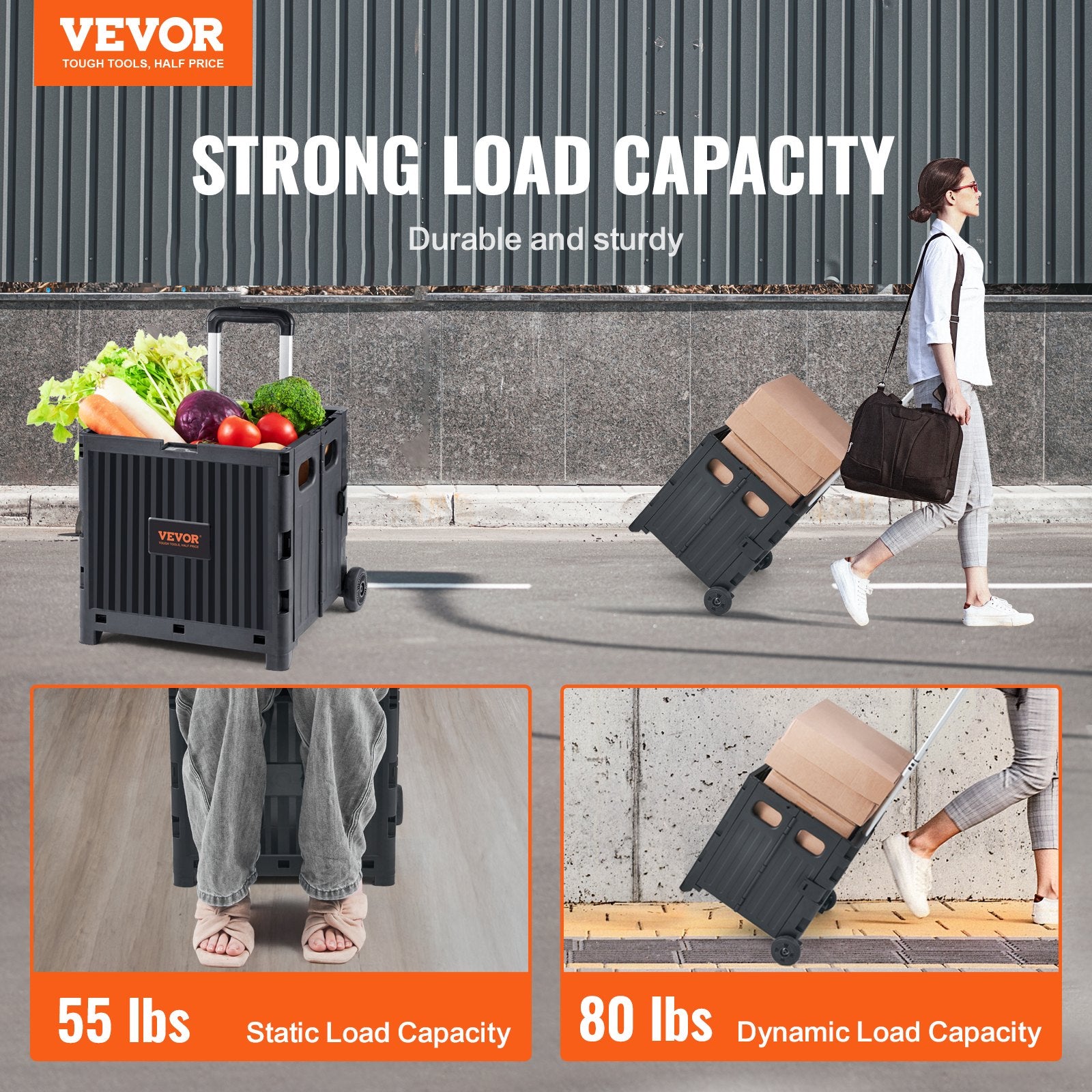 VEVOR Foldable Utility Cart, 36 kg Load Capacity, Folding Portable Rolling Crate Handcart with Durable Heavy Duty Telescoping Handle and 2 Wheels for Travel Shopping Moving Luggage Office Use, Black