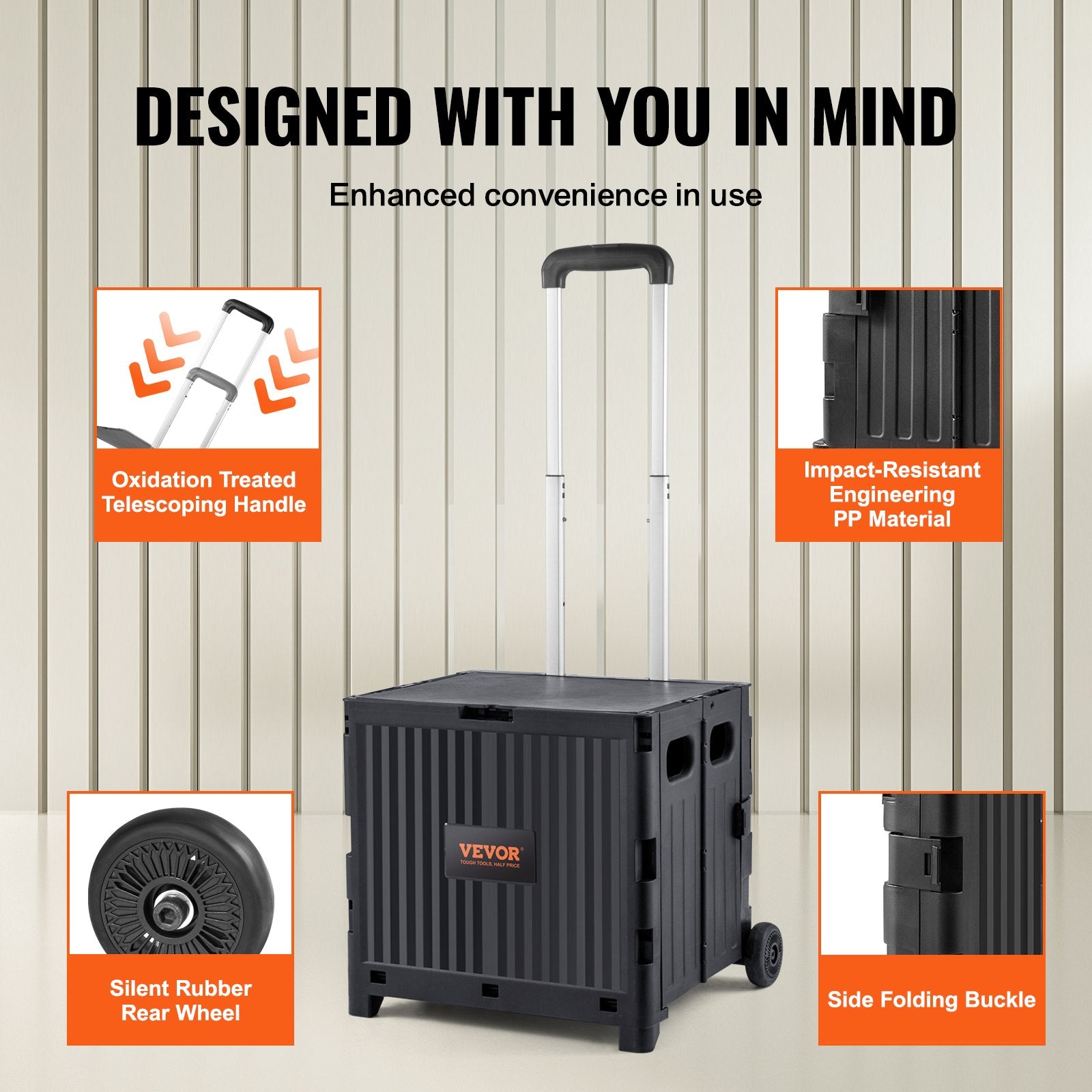 VEVOR Foldable Utility Cart, 36 kg Load Capacity, Folding Portable Rolling Crate Handcart with Durable Heavy Duty Telescoping Handle and 2 Wheels for Travel Shopping Moving Luggage Office Use, Black