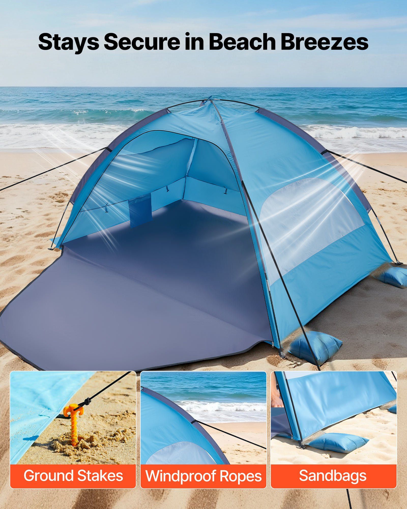 Beach Tent Sun Shelter for 4 Person, UPF 50+ Protection, Portable Sun Shade Canopy with Carrying Bag & Sand Pockets, Lightweight and Easy Setup Beach Umbrella for Camping Fishing Outdoor Picnic
