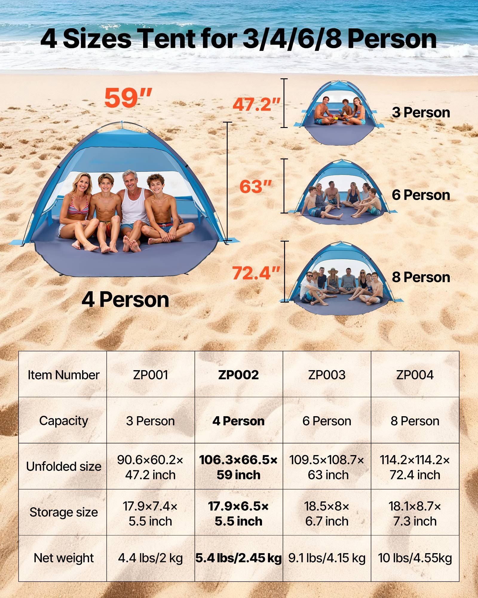 Beach Tent Sun Shelter for 4 Person, UPF 50+ Protection, Portable Sun Shade Canopy with Carrying Bag & Sand Pockets, Lightweight and Easy Setup Beach Umbrella for Camping Fishing Outdoor Picnic