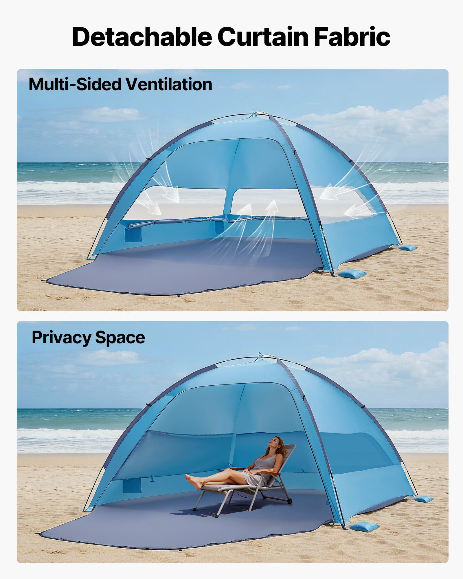 Beach Tent Sun Shelter for 6 Person, UPF 50+ Protection, Portable Sun Shade Canopy with Carrying Bag & Sand Pockets, Lightweight and Easy Setup Beach Umbrella for Camping Fishing Outdoor Picnic