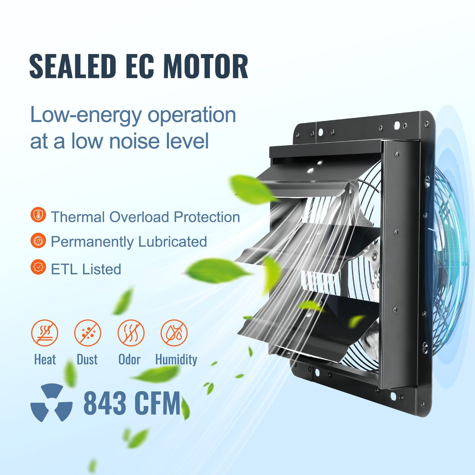 VEVOR Shutter Exhaust Fan, 254mm / 10inch with Temperature Humidity Controller, EC-motor, 843 CFM, Variable Speed Adjustable Wall Mount Attic Fan, Ventilation and Cooling for Greenhouses, Garages, Sheds