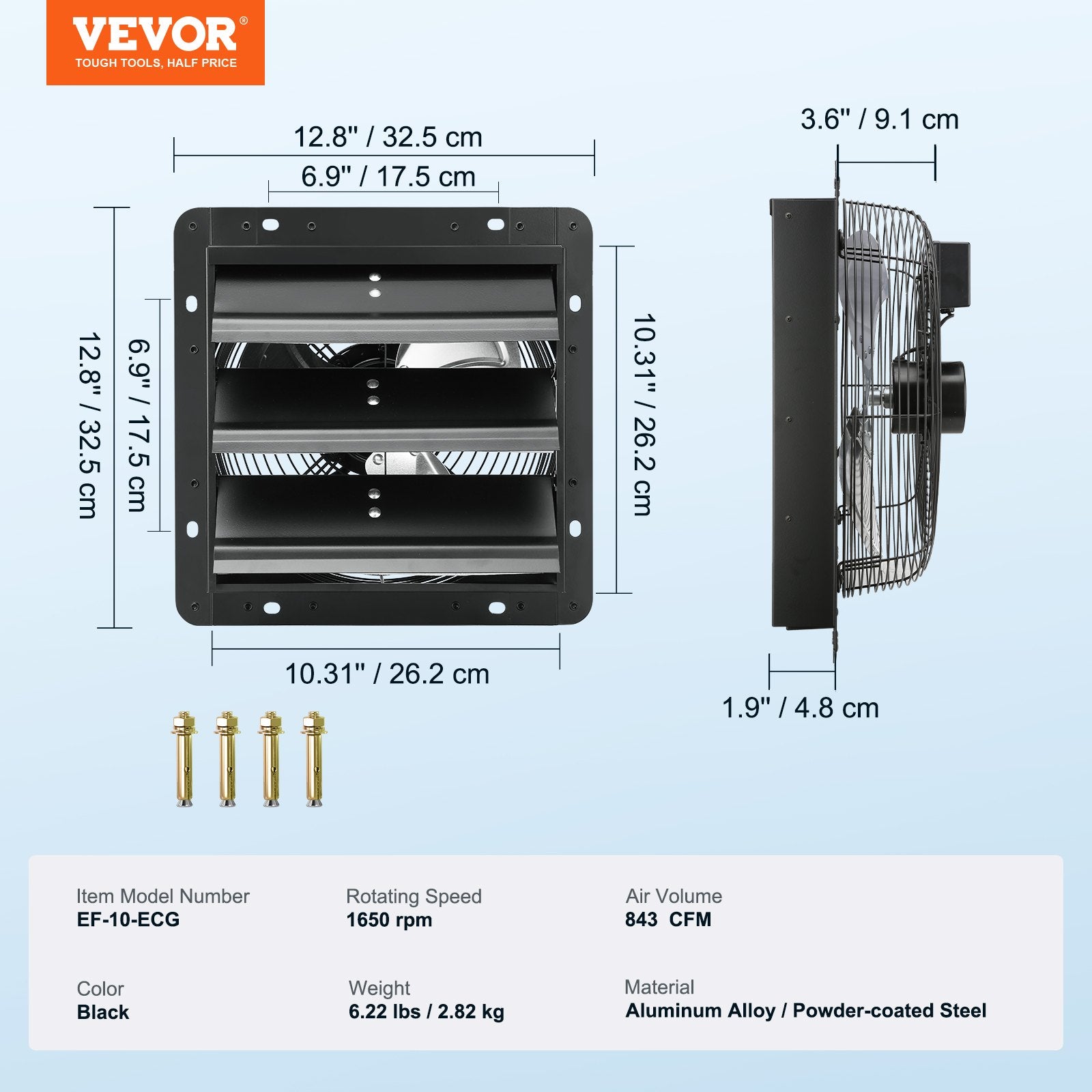 VEVOR Shutter Exhaust Fan, 254mm / 10inch with Temperature Humidity Controller, EC-motor, 843 CFM, Variable Speed Adjustable Wall Mount Attic Fan, Ventilation and Cooling for Greenhouses, Garages, Sheds