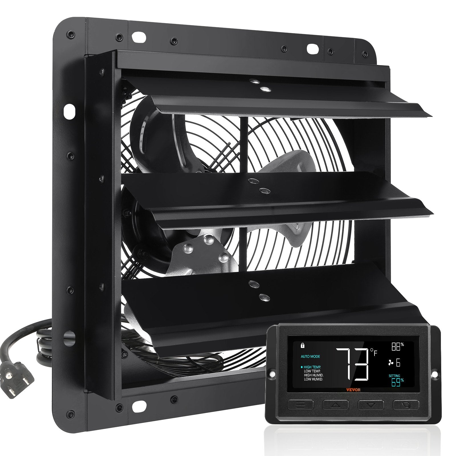 VEVOR Shutter Exhaust Fan, 254mm / 10inch with Temperature Humidity Controller, EC-motor, 843 CFM, Variable Speed Adjustable Wall Mount Attic Fan, Ventilation and Cooling for Greenhouses, Garages, Sheds