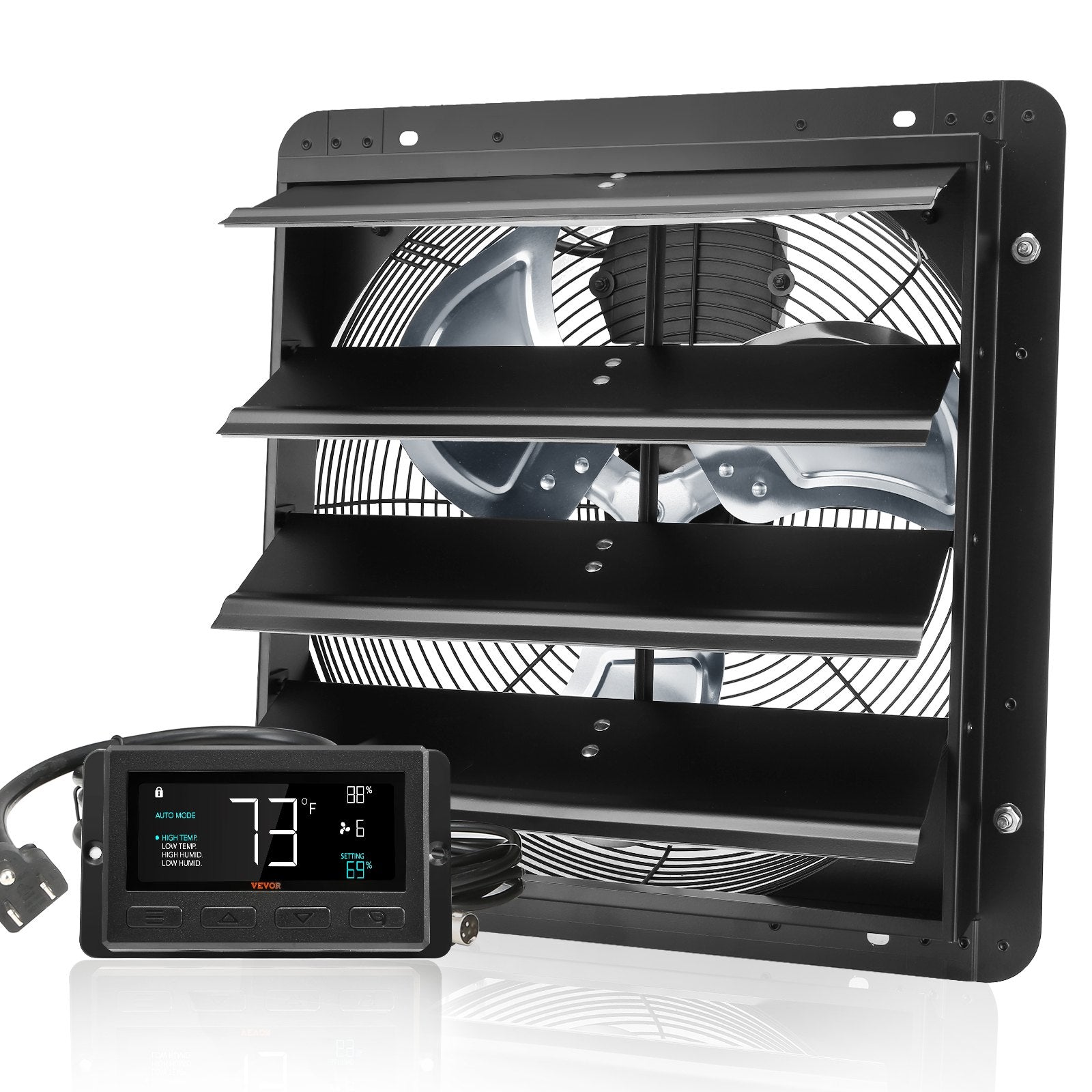 VEVOR Shutter Exhaust Fan, 406 mm /16inch with Temperature Humidity Controller, EC-motor, 1747 CFM, Variable Speed Adjustable Wall Mount Attic Fan, Ventilation and Cooling for Greenhouses, Garages, Sheds