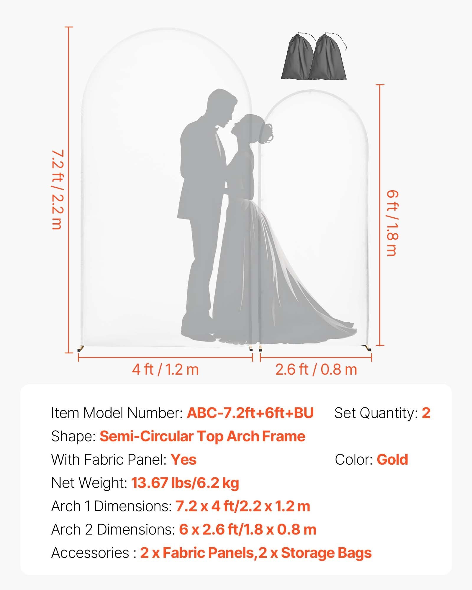 VEVOR Arch Backdrop Stand, Set of 2, 2.2 m and 1.8 m, Stable Structure, Easy Assembly, Gold Metal Arch Backdrop Stand with Cover for Wedding, Birthday Party, Celebration, and Ceremony Decoration