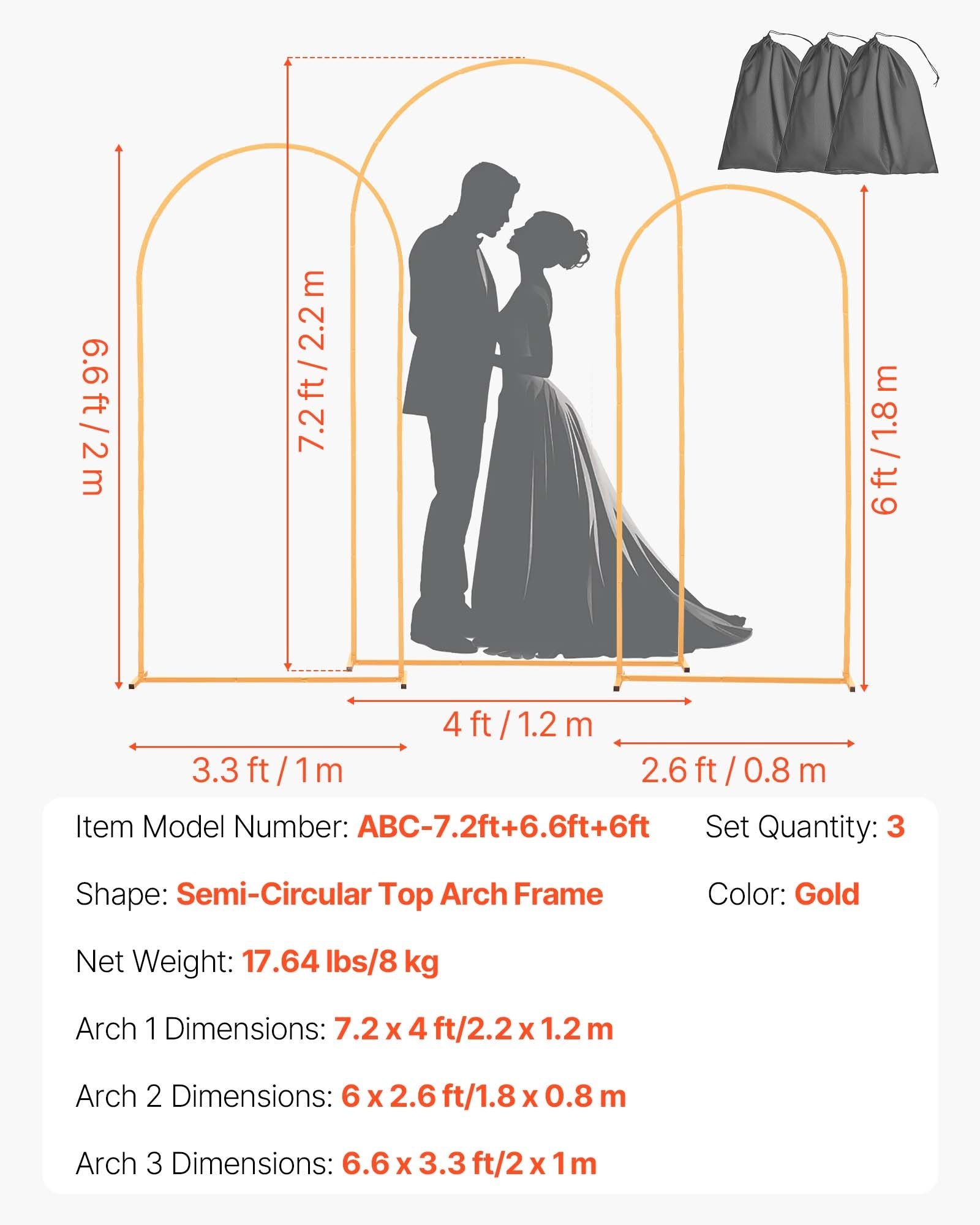 VEVOR Arch Backdrop Stand, Set of 3, 2.2/2/1.8 m , Stable Structure, Easy Assembly, Gold Metal Arch Backdrop Stand for Wedding, Birthday Party, Graduation, Holiday Celebration, and Ceremony Decoration