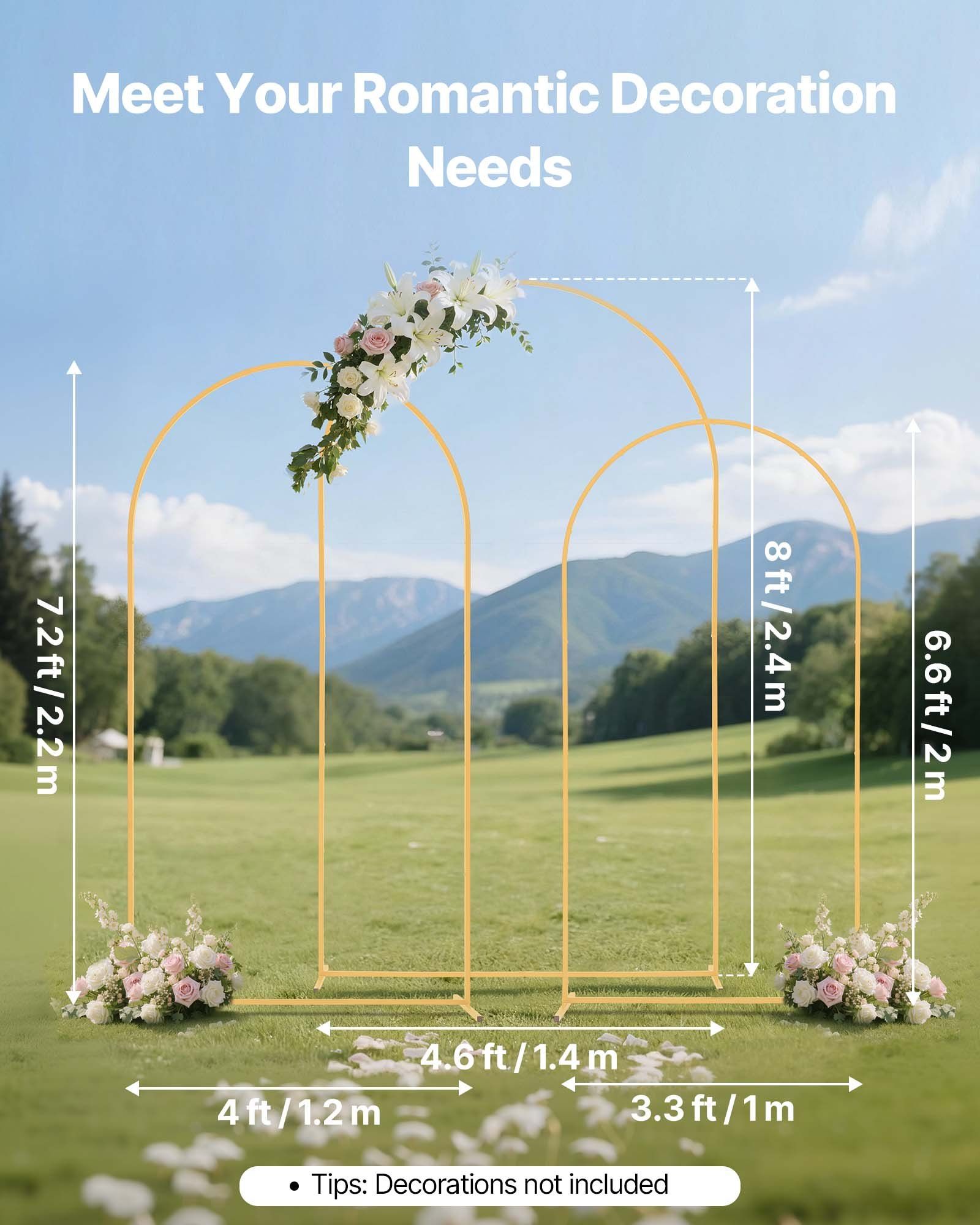 Arch Backdrop Stand, Set of 3, 2.4/2.2/2 m, Stable Structure, Easy Assembly, Gold Metal Arch Backdrop Stand for Wedding, Birthday Party, Graduation, Holiday Celebration, and Ceremony Decoration