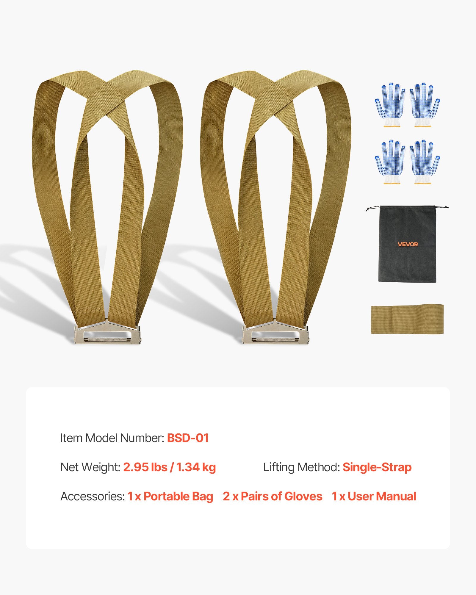 VEVOR Moving Straps, Supports up to 453.6 kg, 2-Person Lifting and Moving System with 2 Harness Straps & 1 Load-bearing Strap, Adjustable Lifting Shoulder Straps Move Furniture Appliances Mattresses