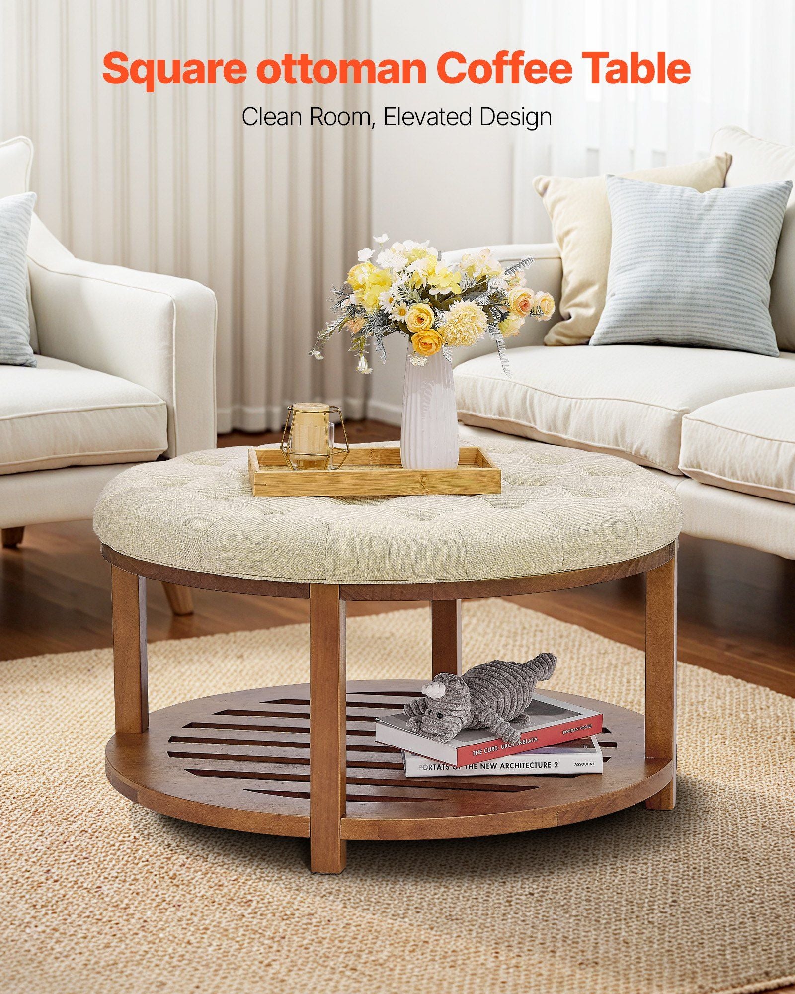 Large Round Ottoman Coffee Table, 81 cm Tufted Coffee Table with Solid Wood Shelf Storage, Linen Solid Upholstered Footrest Ottoman for Bedroom Living Room, 350 LBS, Linen Color