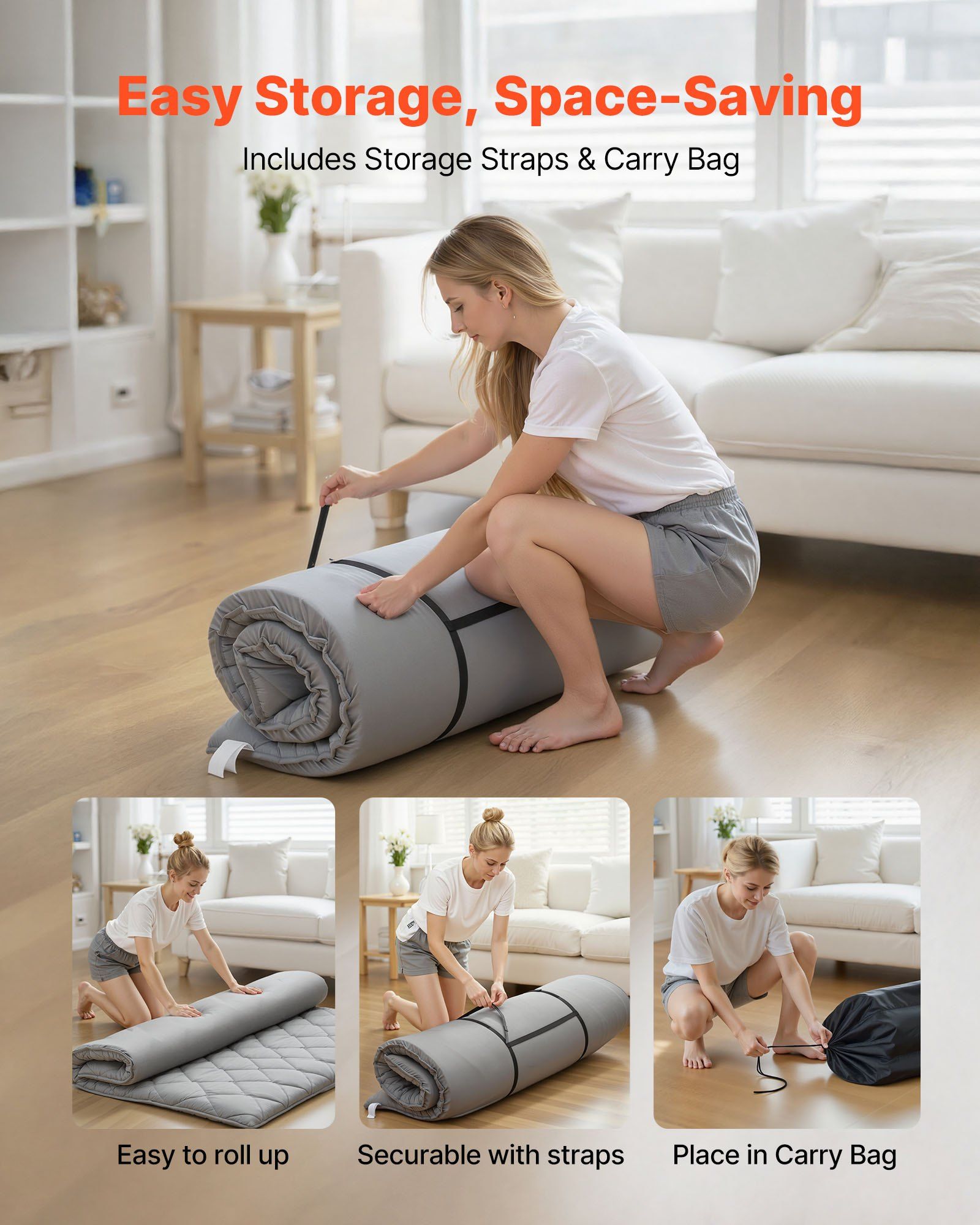 Japanese Tatami Mat, Full Size Foldable Japanese Tatami Mattress, Futon Mattress with Storage Bag & Fastener, 9-Layer Floor Mat for Sleeping, Dorm, Meditation, Yoga, 2032 x 1372 x 89 mm, Gray