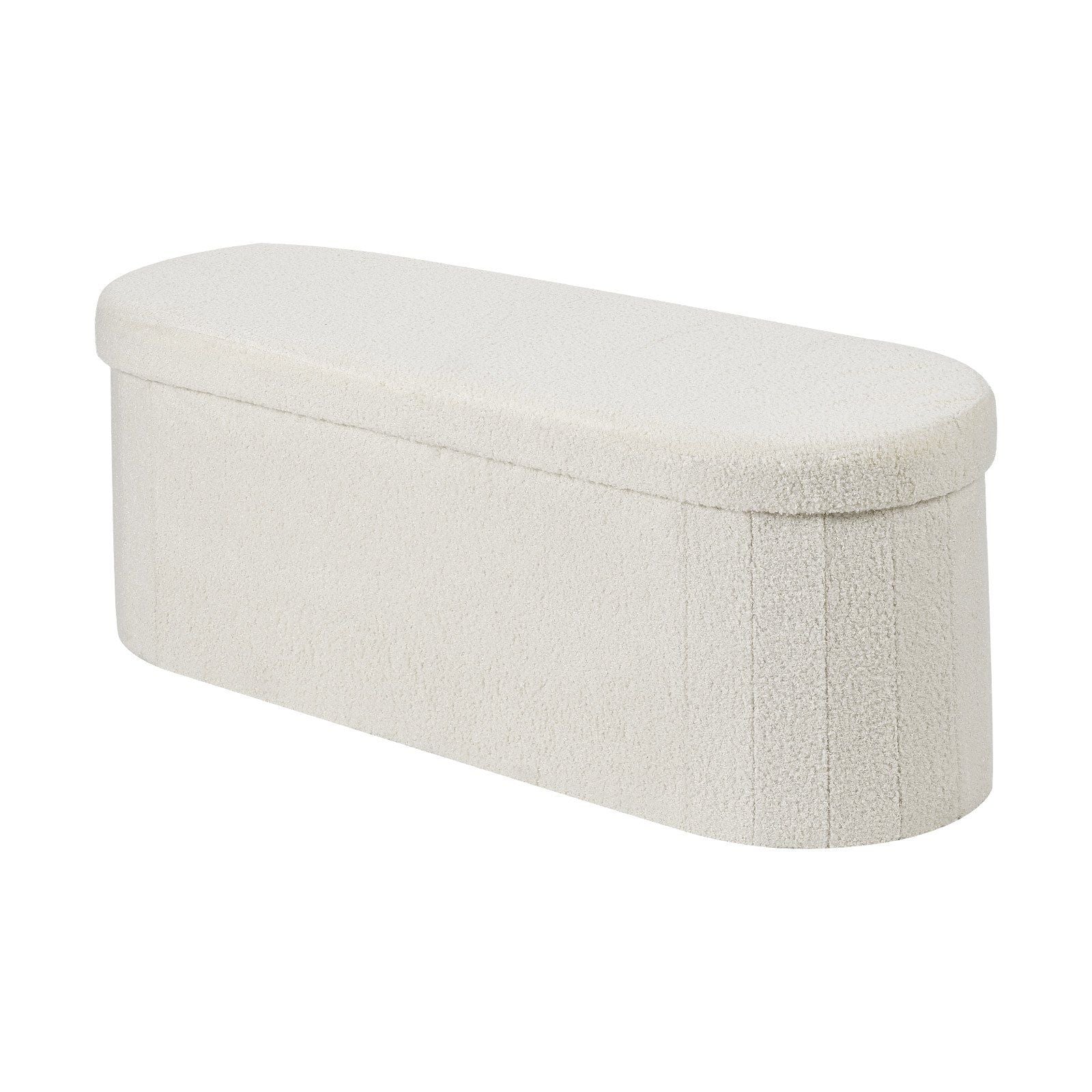 Oval Storage Ottoman Bench, Foldable Teddy Fleece End of Bed Bench, Folding Upholstered Bed Ottoman Chest with Large Storage Space, Supports 660 lbs, for Living Room, Bedroom, Entryway, Beige