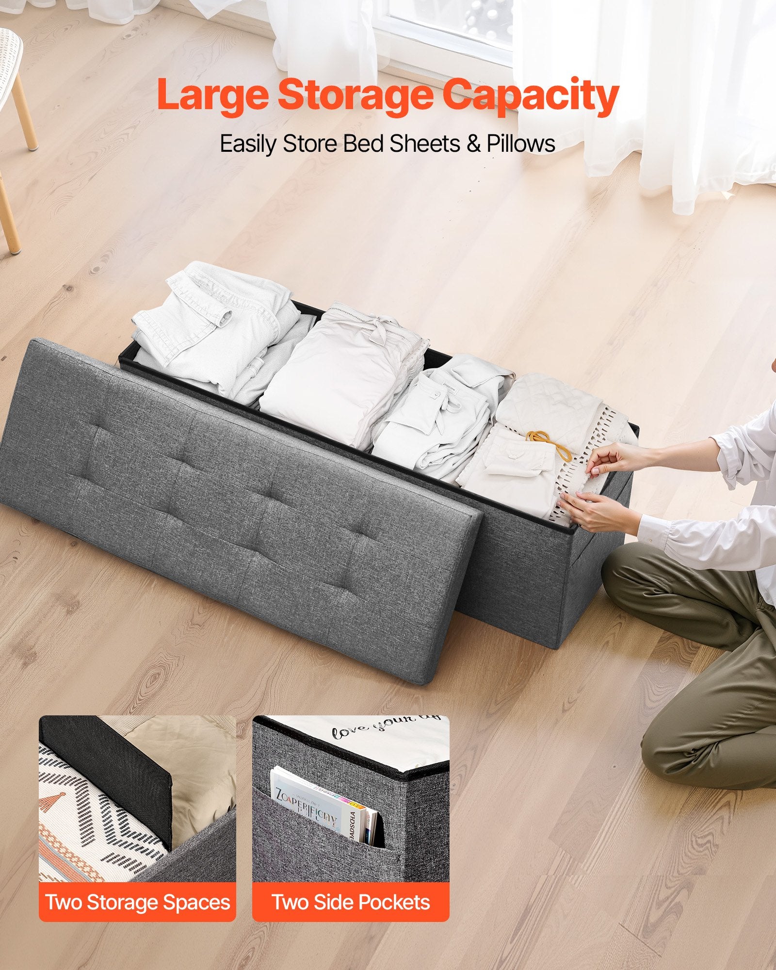 VEVOR Foldable Storage Ottoman Bench, End of Bed Bench with Side Bags, Folding Upholstered Storage Chest Supports 660 lbs, Linen Bed Ottoman with Large Space for Living Room, Bedroom, Entryway, Grey