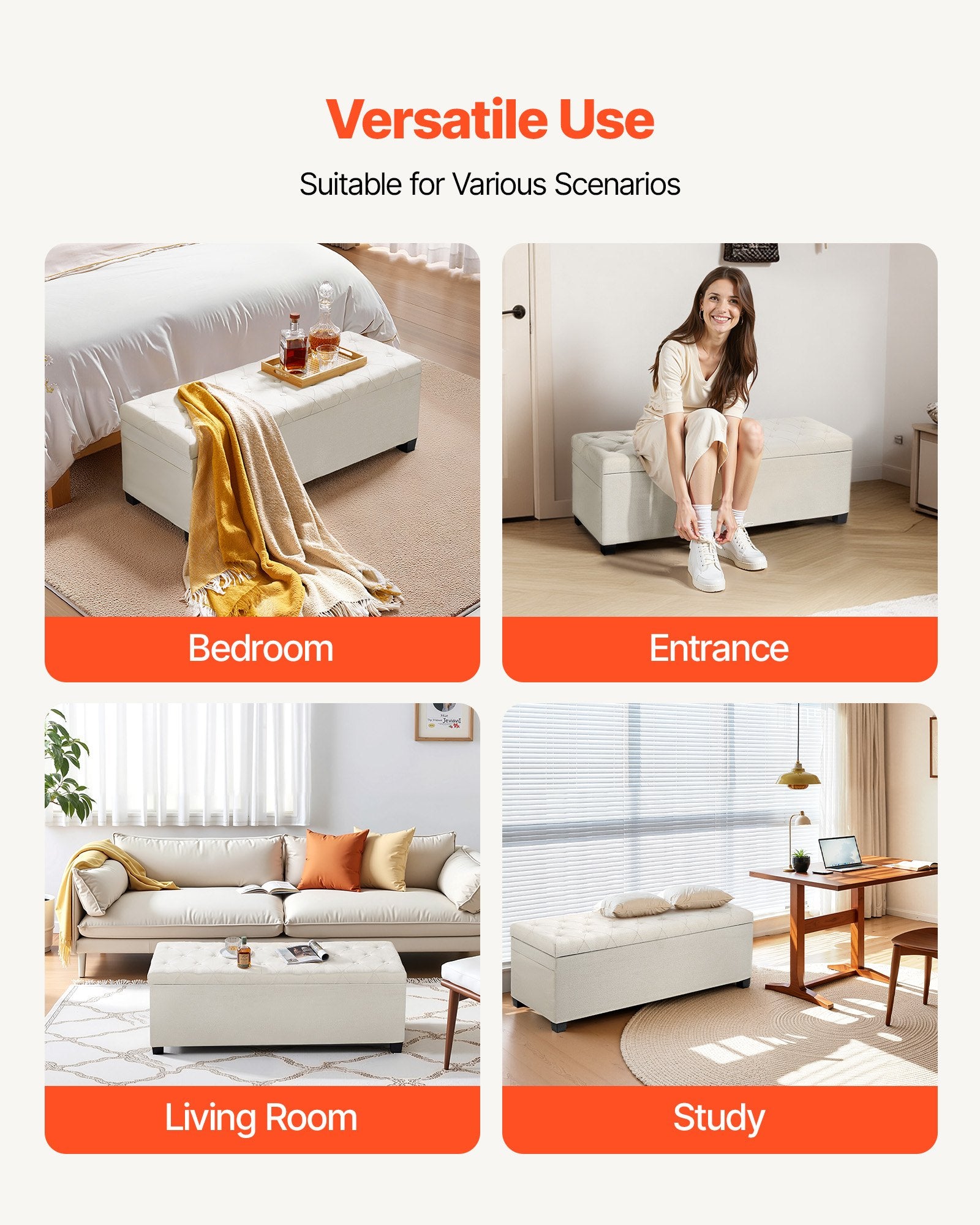 VEVOR Storage Ottoman Bench, Button-Tufted End of Bed Bench with Side Bags, Flip-up Upholstered Storage Chest with Metal Frame, Linen Bed Ottoman for Living Room, Bedroom, Entryway, Office, Beige